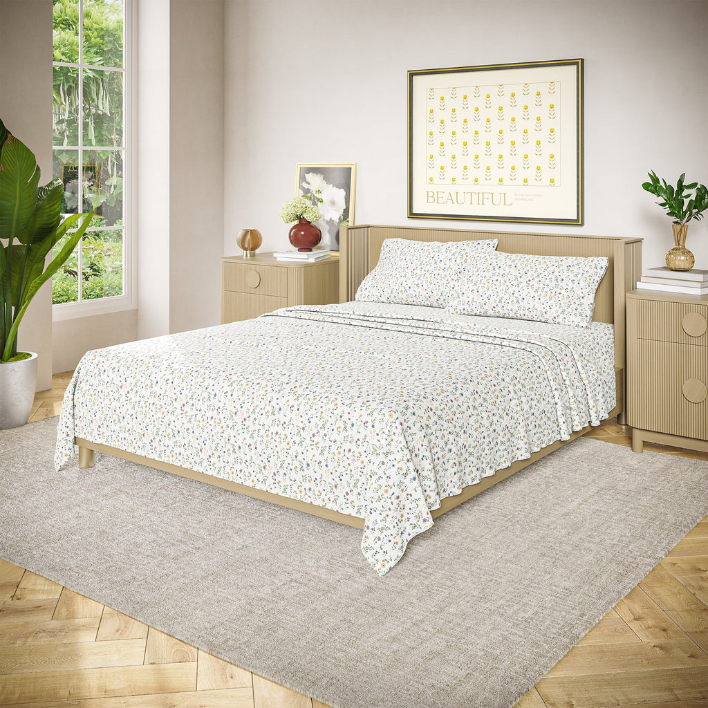 Ultra-Soft Botanical 4-Piece 100% Cotton Washed Percale White Sheet Set, Queen - Premium Ultra-Soft Pillowcase Pair for Sleeping Detail