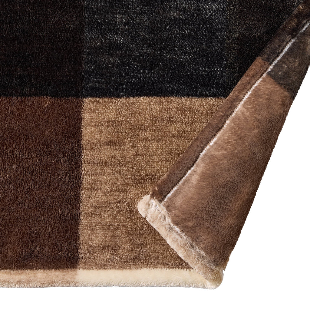 Cozy Fleece Printed Velvet Plush Super Soft Throw Blanket, Oversized, Shelton Brown Plaid - Super Soft Reversible Sherpa Flannel Blanket Detail