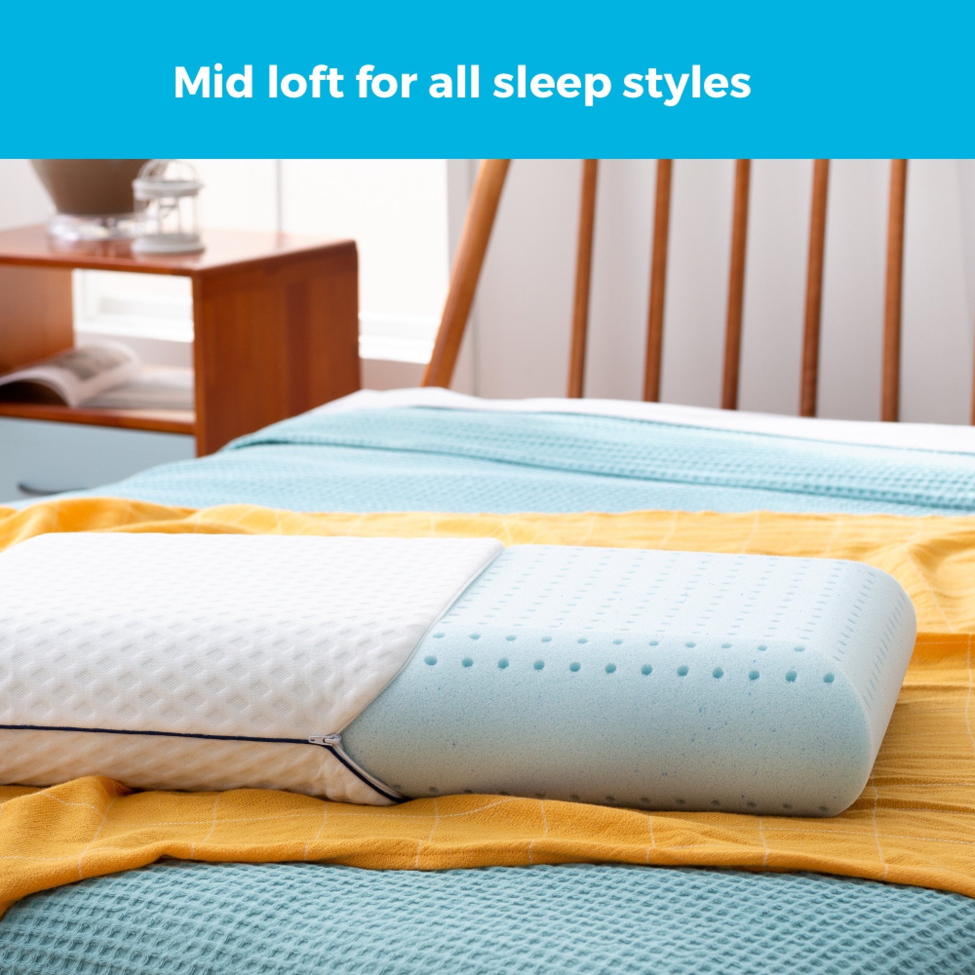 Decorative Plump Medium Feel Standard Size Ventilated Gel Memory Foam Bed Pillow with Washable Cover and Temperature Regulating Infusion - Ergonomic Memory Foam Pillow for Neck Pain Support Detail