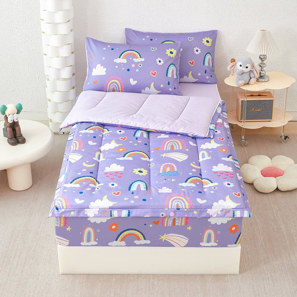 Hypoallergenic Cloud Zipper Kids Comforter Set, 3-Piece Purple Twin Bed in a Bag, Cartoon Rainbow Stars Flowers Printed Zip Up Comforter S... - All-Season Down Alternative Comforter Insert Detail