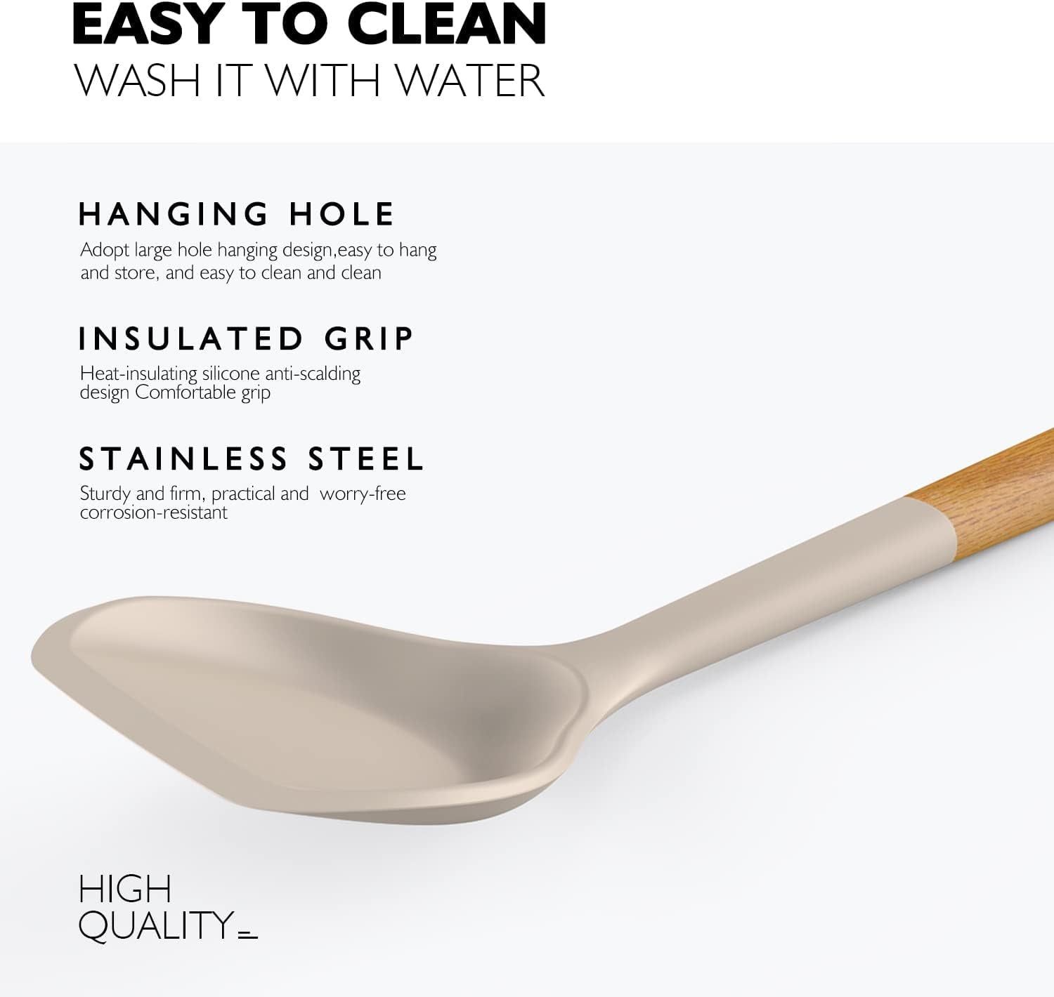 Premium Silicone Large Silicone Cooking Utensils - Heat Resistant Kitchen Utensil Set with Wooden Handles, Spatula,Turner, Slotted Spo... - Premium Stainless Steel Cooking Utensil for Non-Stick Pots Detail