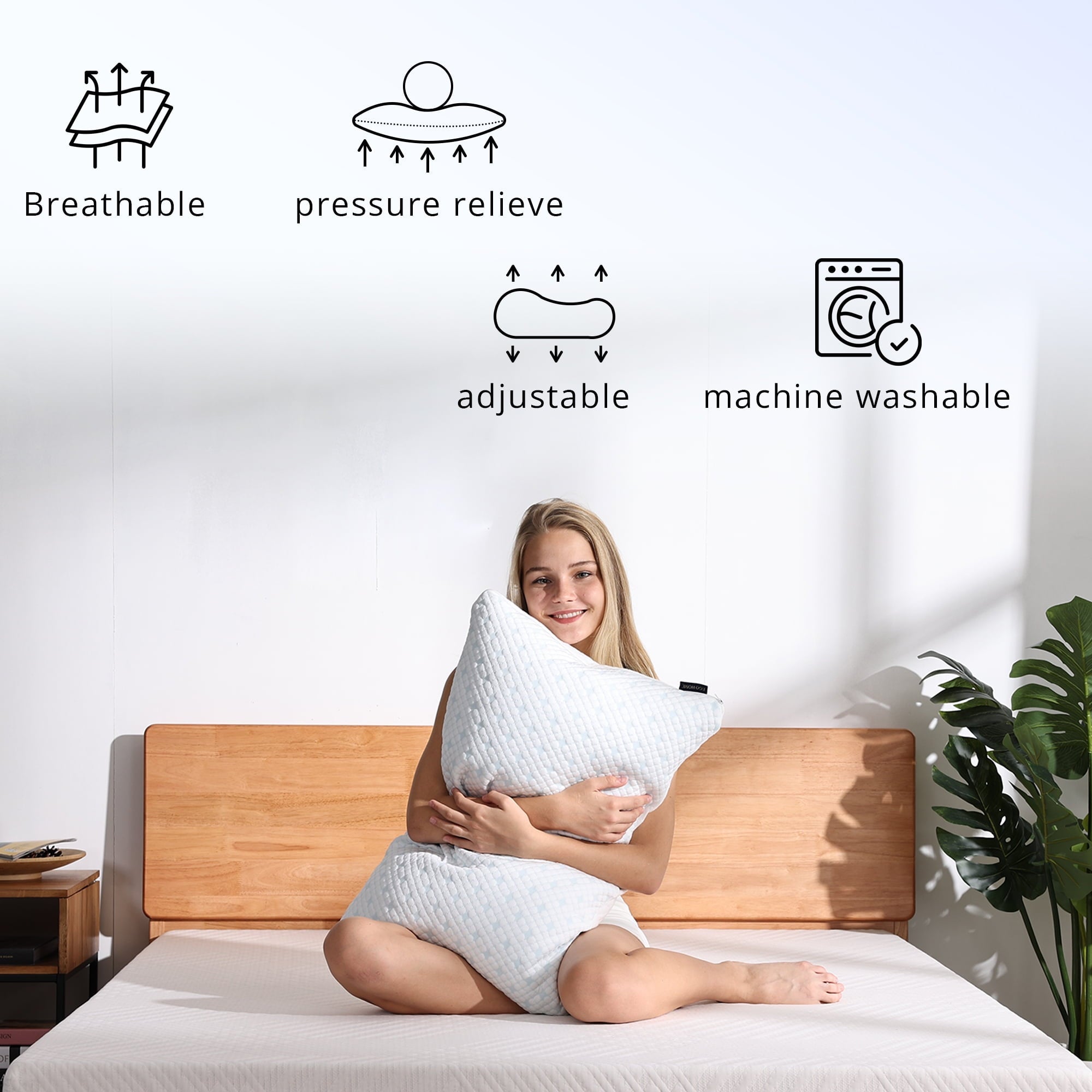Decorative Plump 2-Pack Adjustable Cooling Bed Pillows, Shredded Memory Foam Pillows Set of 2, Standard Queen, Dual Sides - Hotel Quality Plush Sleeping Pillows Detail