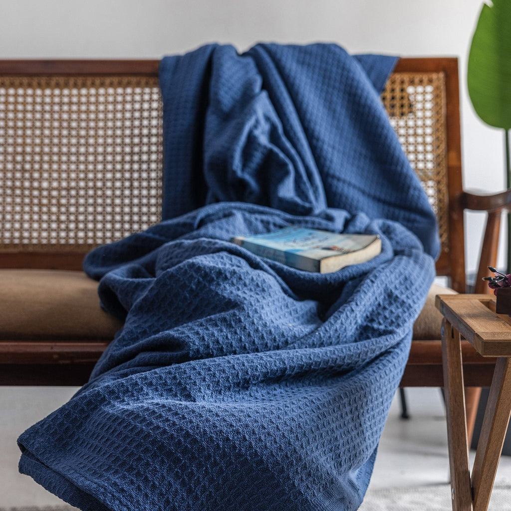Cozy Fleece Twin Waffle Throw Blanket for Couch (68" x 92"), 100% Cotton Throw Blankets for Bed, Waffle Blanket for Bed (Navy) - Luxury Knitted Decorative Throw Blanket with Fringes Detail