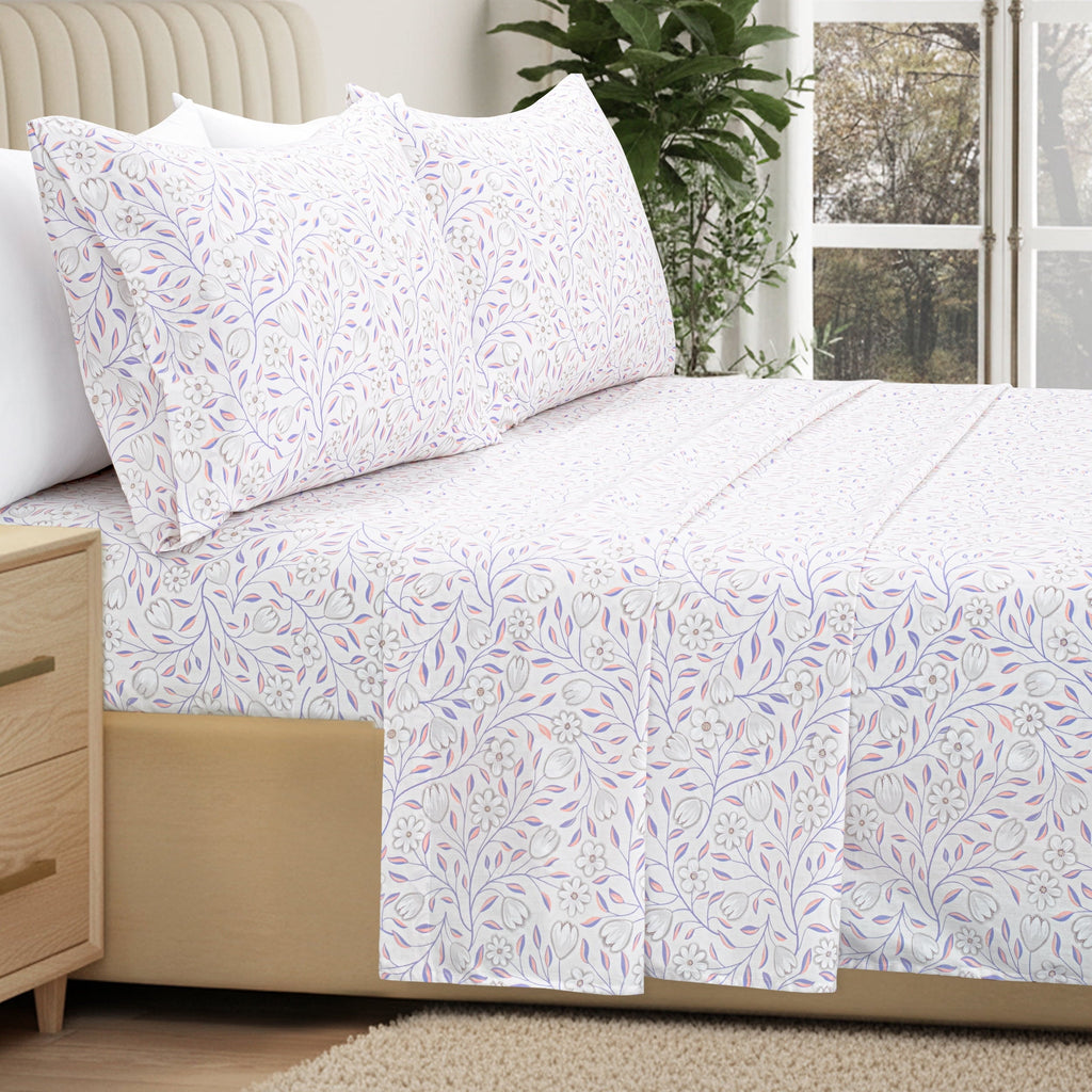 Ultra-Soft 100% Cotton Full Size Sheets,4 Piece Pure Percale Bed Sheets Set Deep Pocket Fits Mattress Upto 15",floral vine pattern - Breathable Egyptian Cotton Flat & Fitted Sheets Detail