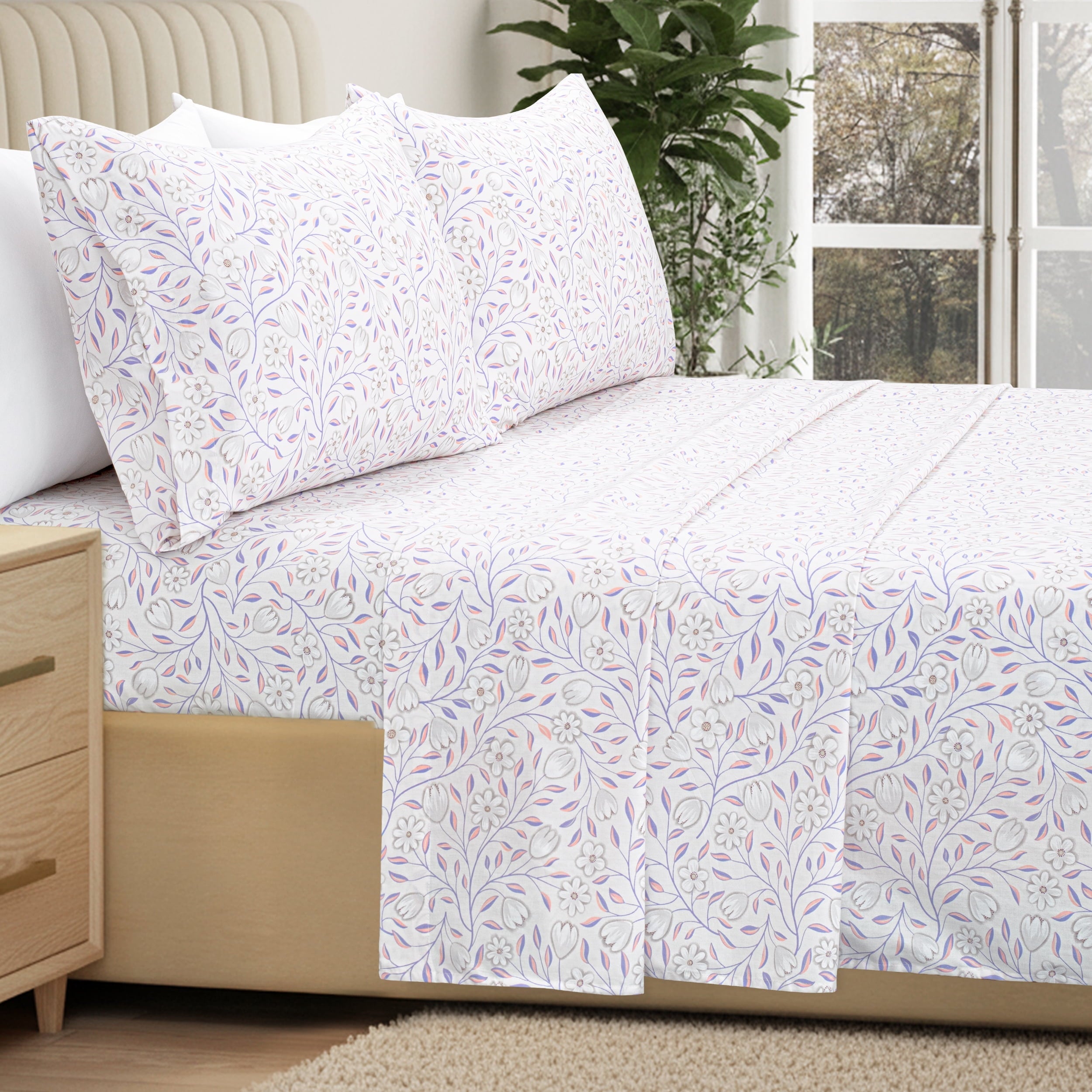 Ultra-Soft 100% Cotton Full Size Sheets,4 Piece Pure Percale Bed Sheets Set Deep Pocket Fits Mattress Upto 15",floral vine pattern - Breathable Egyptian Cotton Flat & Fitted Sheets Detail