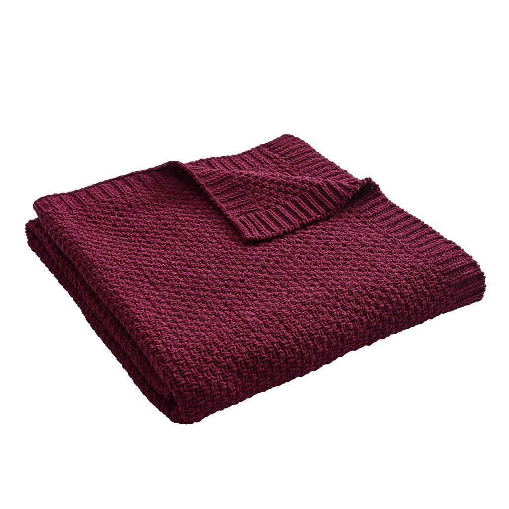 Lightweight Warm Chenille Knit Super Soft Oversized Throw Blanket, Merlot Wine - Luxury Knitted Decorative Throw Blanket with Fringes Detail