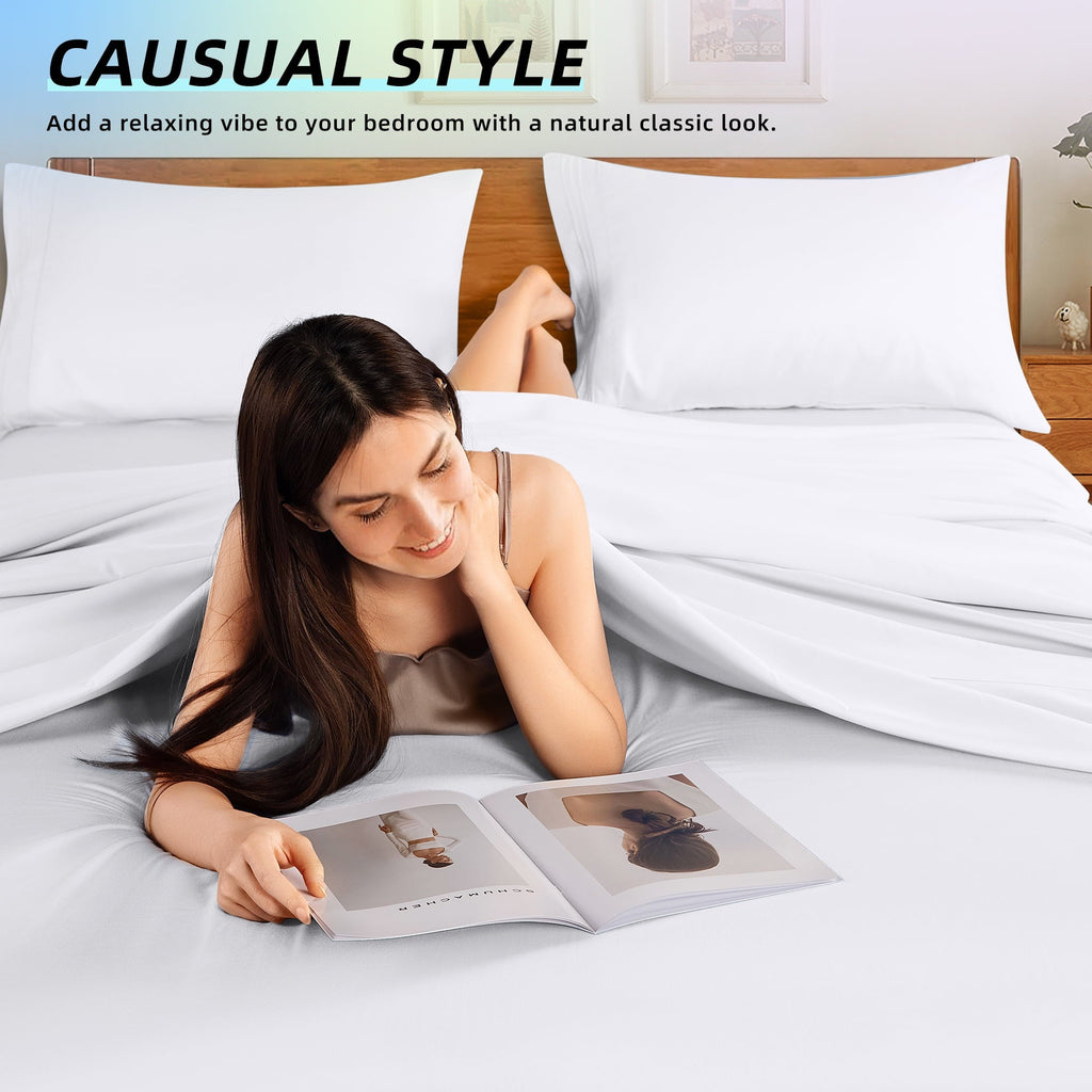 Premium Egyptian Cotton Bed Sheets Set, Microfiber Deep Pocket 4 Pieces Luxury Soft Sheet Set, Queen, White - Premium Ultra-Soft Pillowcase Pair for Sleeping Detail
