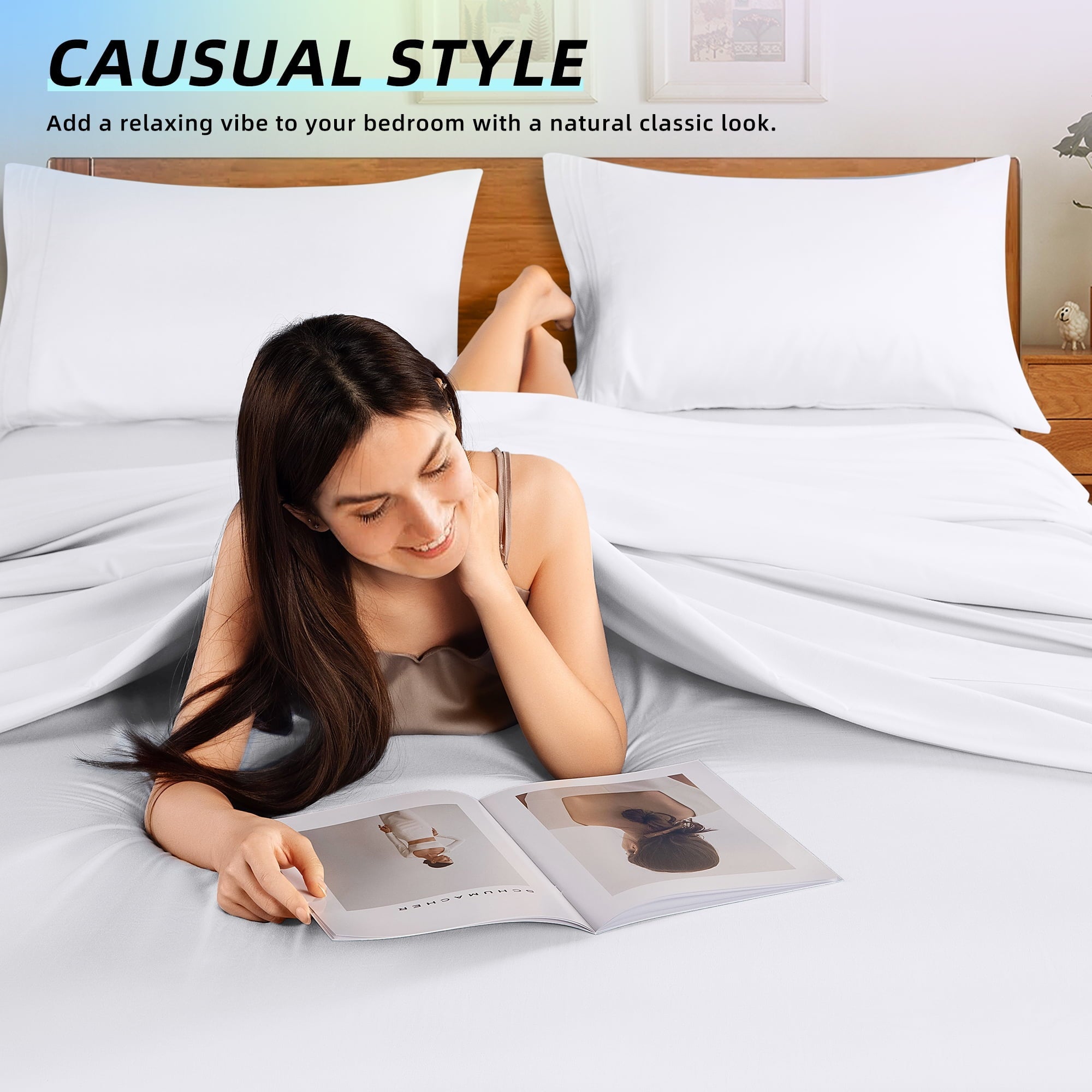 Premium Egyptian Cotton Bed Sheets Set, Microfiber Deep Pocket 4 Pieces Luxury Soft Sheet Set, Queen, White - Premium Ultra-Soft Pillowcase Pair for Sleeping Detail
