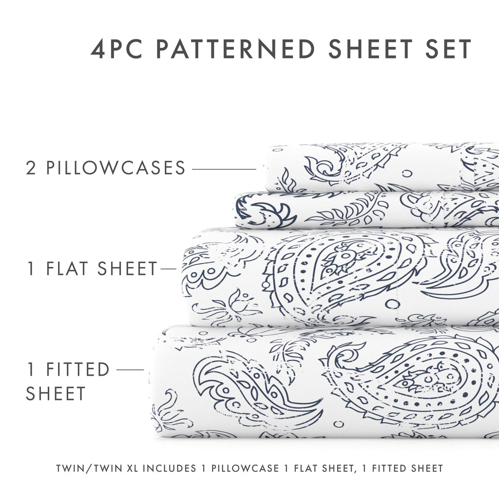 Premium Egyptian Cotton 4 Piece Pattern Microfiber Bed Sheets Set, Navy Coarse Paisley, Full - Luxury Bed Sheet Set with Deep Pockets Detail