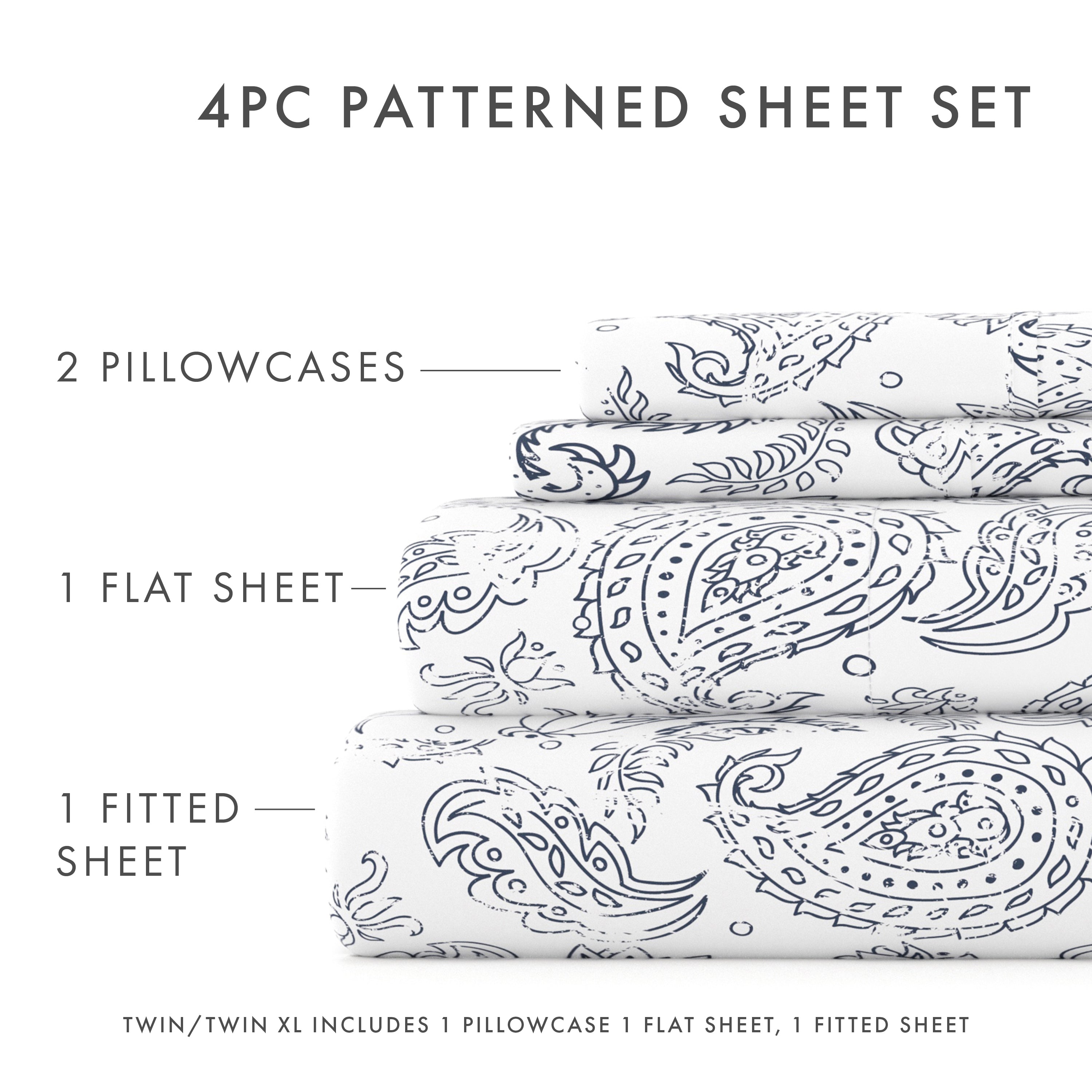 Premium Egyptian Cotton 4 Piece Pattern Microfiber Bed Sheets Set, Navy Coarse Paisley, Full - Luxury Bed Sheet Set with Deep Pockets Detail