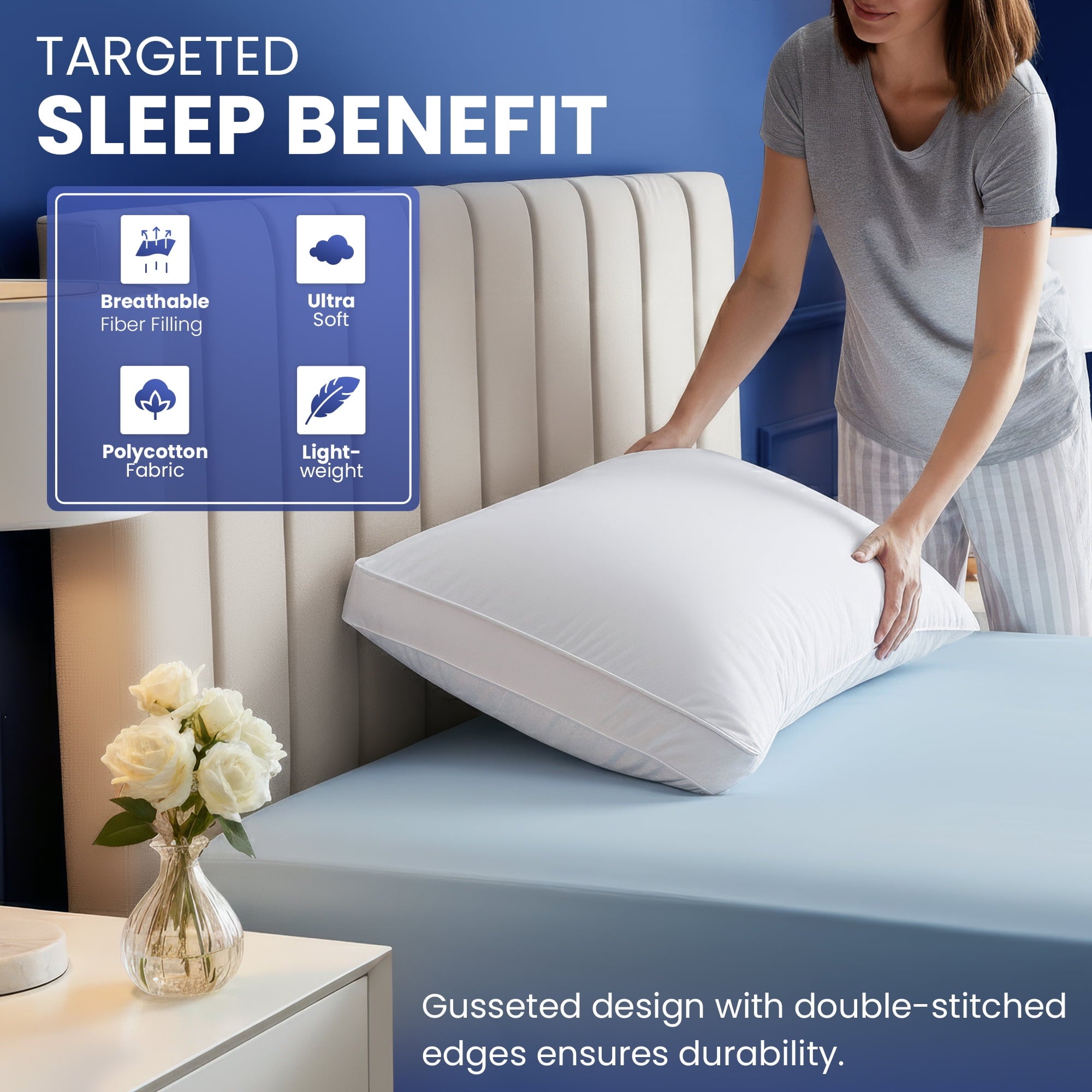 Orthopedic Support Queen Bed Pillow, 26"L x 18" W, Set of 2, Soft and High-Quality, Gusseted Pillow for All Sleep Positions (White) - Orthopedic Shredded Foam Bed Pillow Set Detail