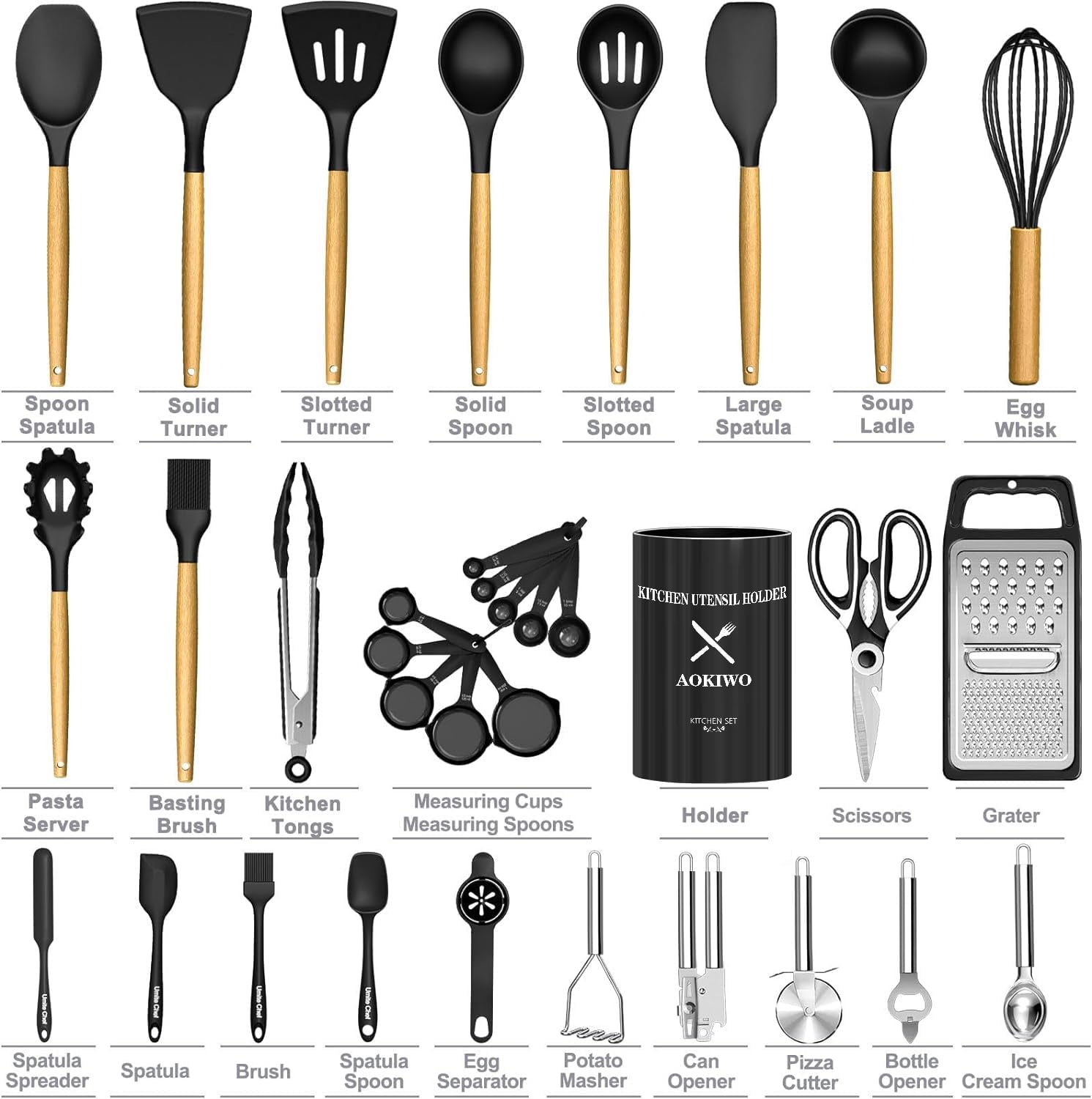 Heavy Duty Kitchen Utensil Set, 34Pieces Silicone Cooking Utensil Set with Wooden Handle, Heat Resistant Spatula Set Gadg... - Multi-Purpose Hand Tool for Daily Meal Prep Detail