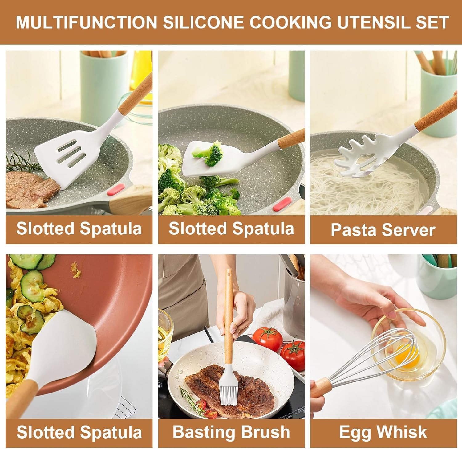 Ergonomic Cooking Cooking Utensils Set, 12 packs Non-Stick Silicone Cooking Kitchen Utensils Spatula Set with Wooden Handles and... - Premium Stainless Steel Cooking Utensil for Non-Stick Pots Detail