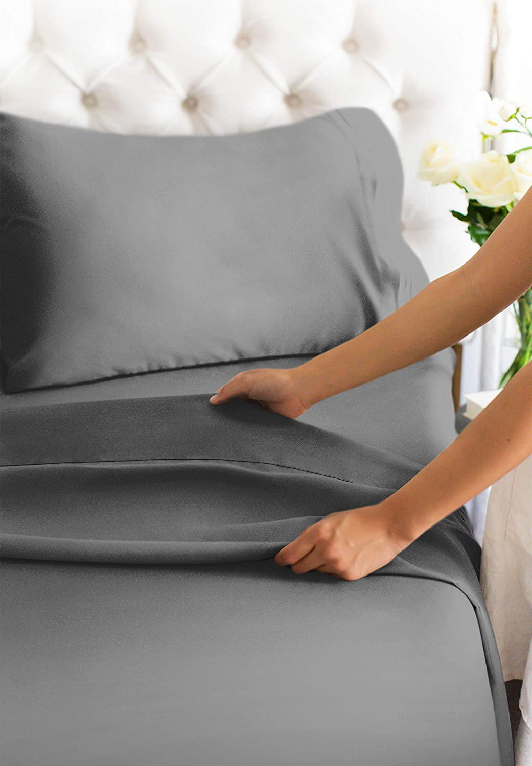 Wrinkle-Resistant 4-Piece Extra Deep Pocket Sheet Set - Full Size Breathable & Cooling Bed Sheets Fits 18"-24" Mattresses, Gray - Premium Ultra-Soft Pillowcase Pair for Sleeping Detail
