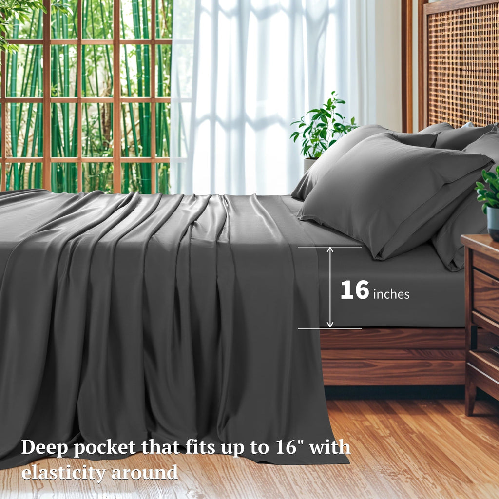 Ultra-Soft 6 Pieces Bamboo Bed Sheets Set, Luxury Rayon Derived - Deep Pockets - Wrinkle Free - Extremely Soft, Queen, Dark Gray - Premium Ultra-Soft Pillowcase Pair for Sleeping Detail