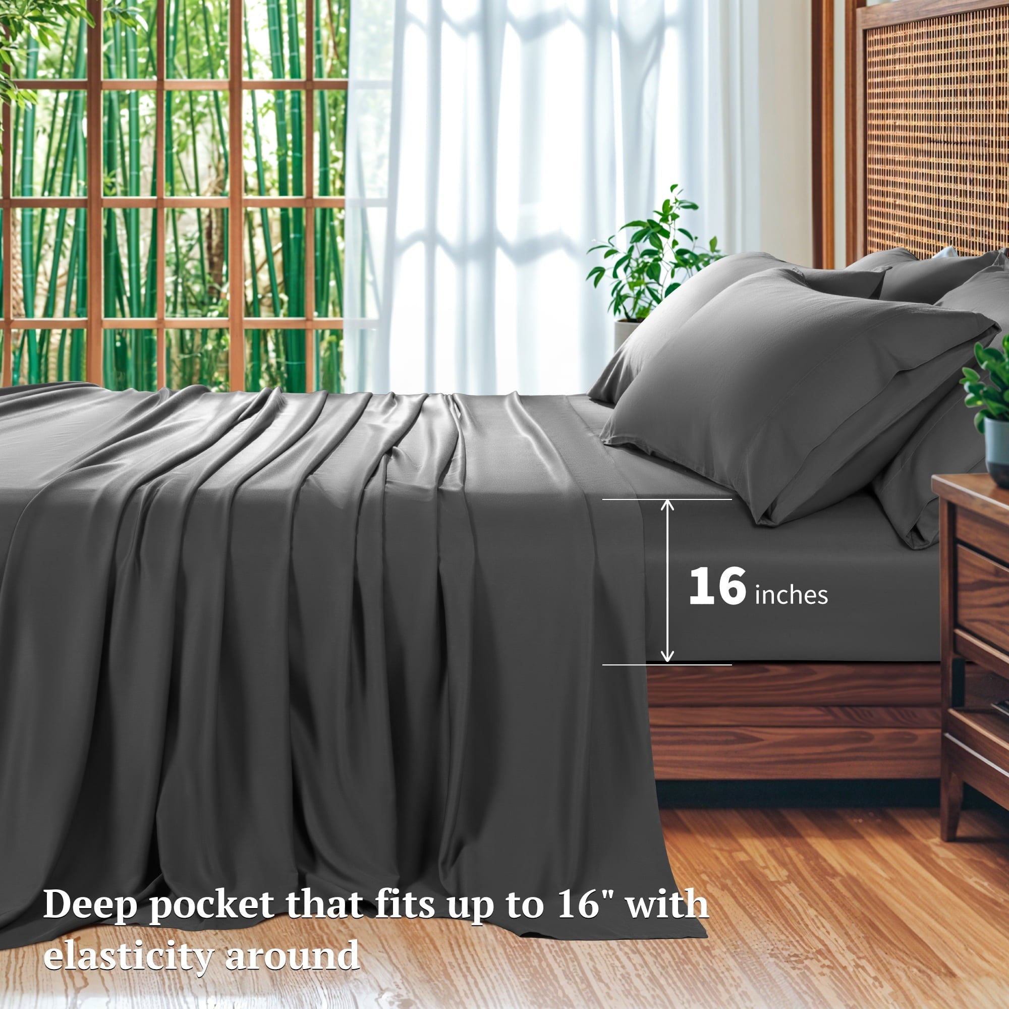 Ultra-Soft 6 Pieces Bamboo Bed Sheets Set, Luxury Rayon Derived - Deep Pockets - Wrinkle Free - Extremely Soft, Queen, Dark Gray - Premium Ultra-Soft Pillowcase Pair for Sleeping Detail