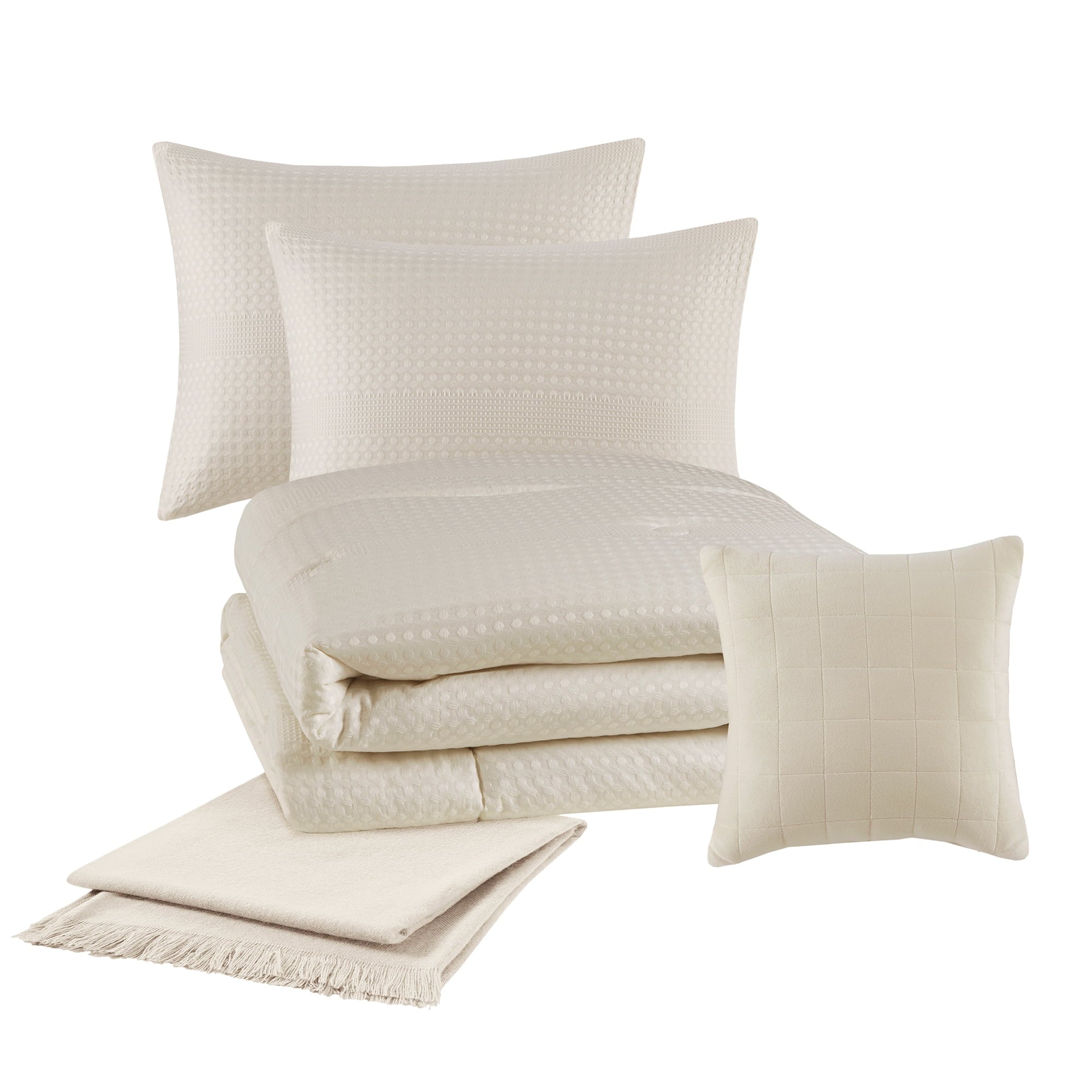 Luxurious Quilted 5-Piece Papyrus Beige Waffle Comforter Set, Full/Queen - Hypoallergenic Ultra-Fluffy Quilt for Winter Detail