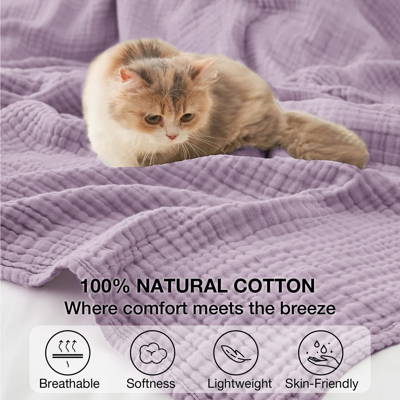 Super Soft Flannel 100% Cotton Muslin Blanket Large 50" x 70", 6 Layers Lightweight and Breathable Throw Blankets for Couch, Soft Coolin... - Cozy Fleece Throw Blanket for Couch & Bed Detail