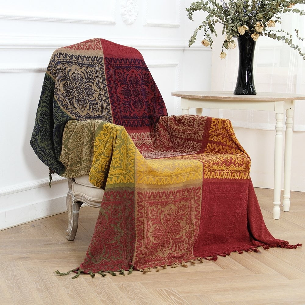 Reversible Sherpa 75x60 Inch Machine Wash Boho Tribal Throws Blankets Colorful Bohemian Hippie Chenille Throw Covers Couch Furniture So... - Luxury Knitted Decorative Throw Blanket with Fringes Detail