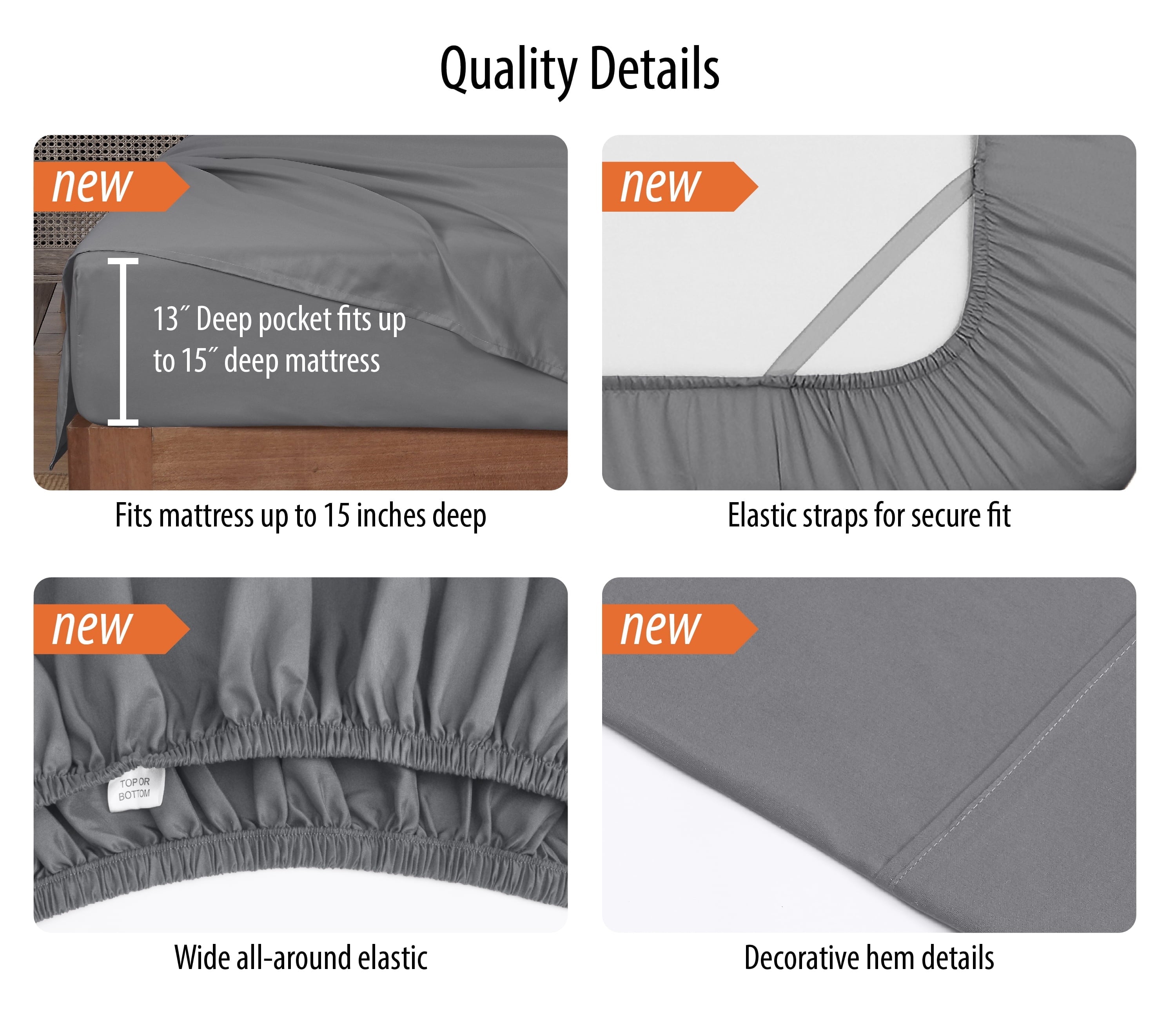 Cooling Sateen Super Soft Brushed Microfiber Bed Sheet Set, Soothing Gray, Queen, 4 Piece - Cooling Hotel Quality Bedding Sheets and Pillowcases Detail