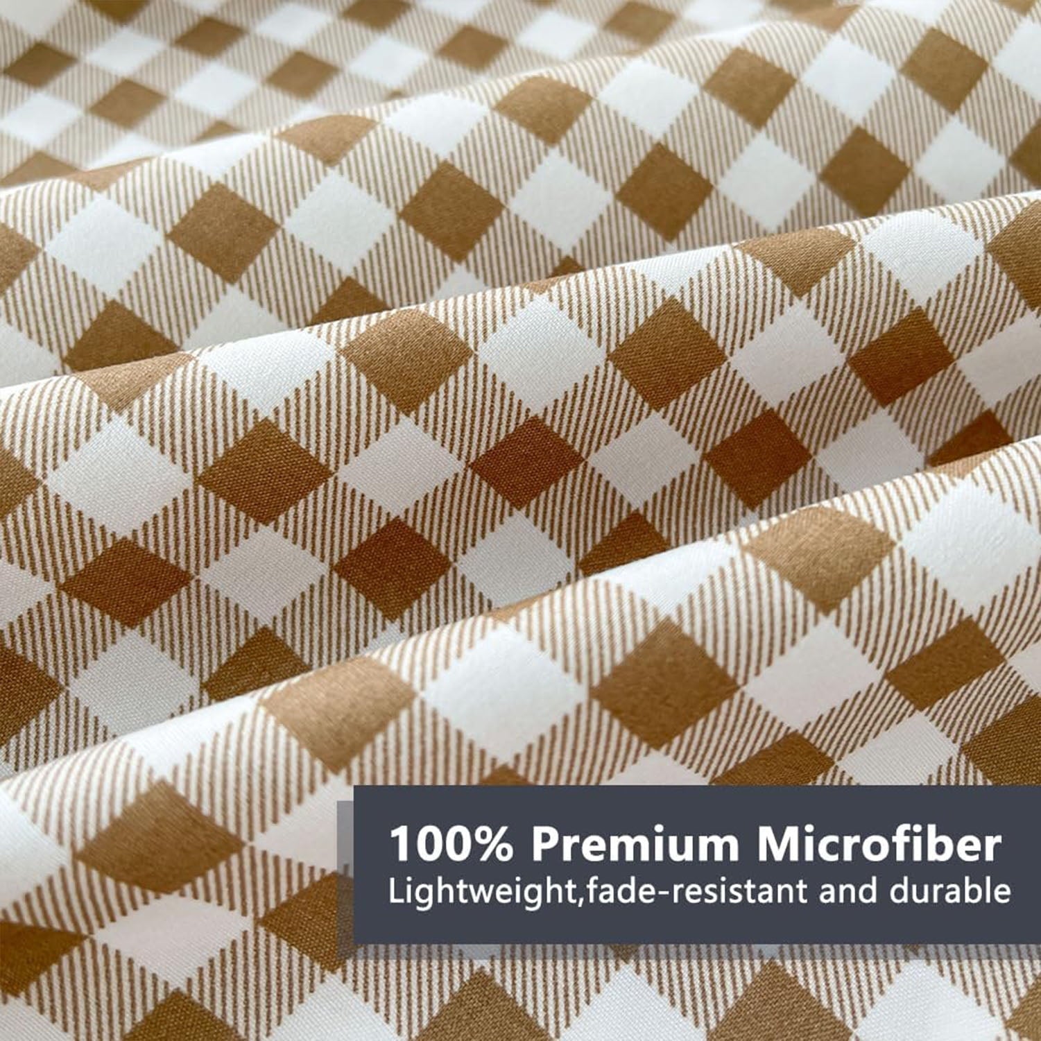 Cooling Sateen Sheet Set, Soft Brushed Microfiber Taupe Plaid Sheets, 4-Piece Brown Grid Set with Deep Pocket - Luxury Bed Sheet Set with Deep Pockets Detail