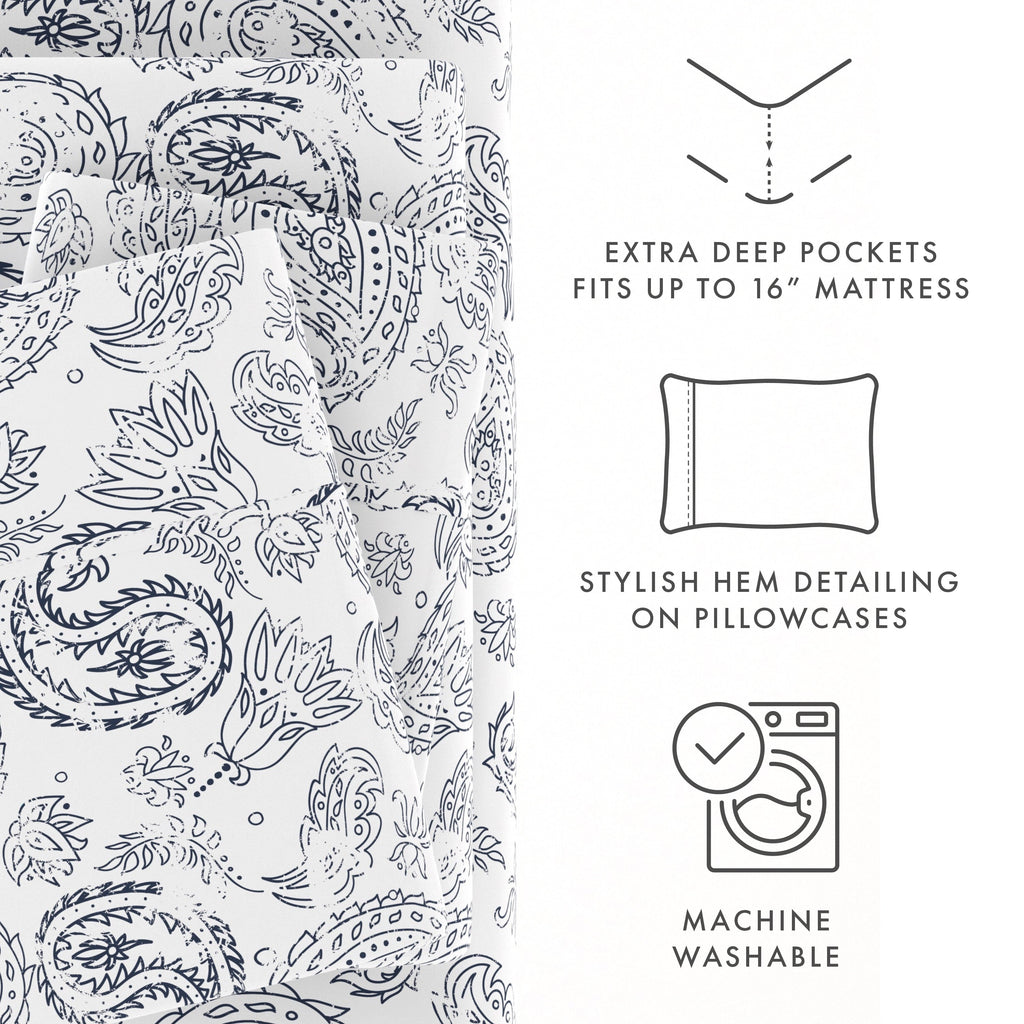 Premium Egyptian Cotton 4 Piece Pattern Microfiber Bed Sheets Set, Navy Coarse Paisley, Full - Luxury Bed Sheet Set with Deep Pockets Detail