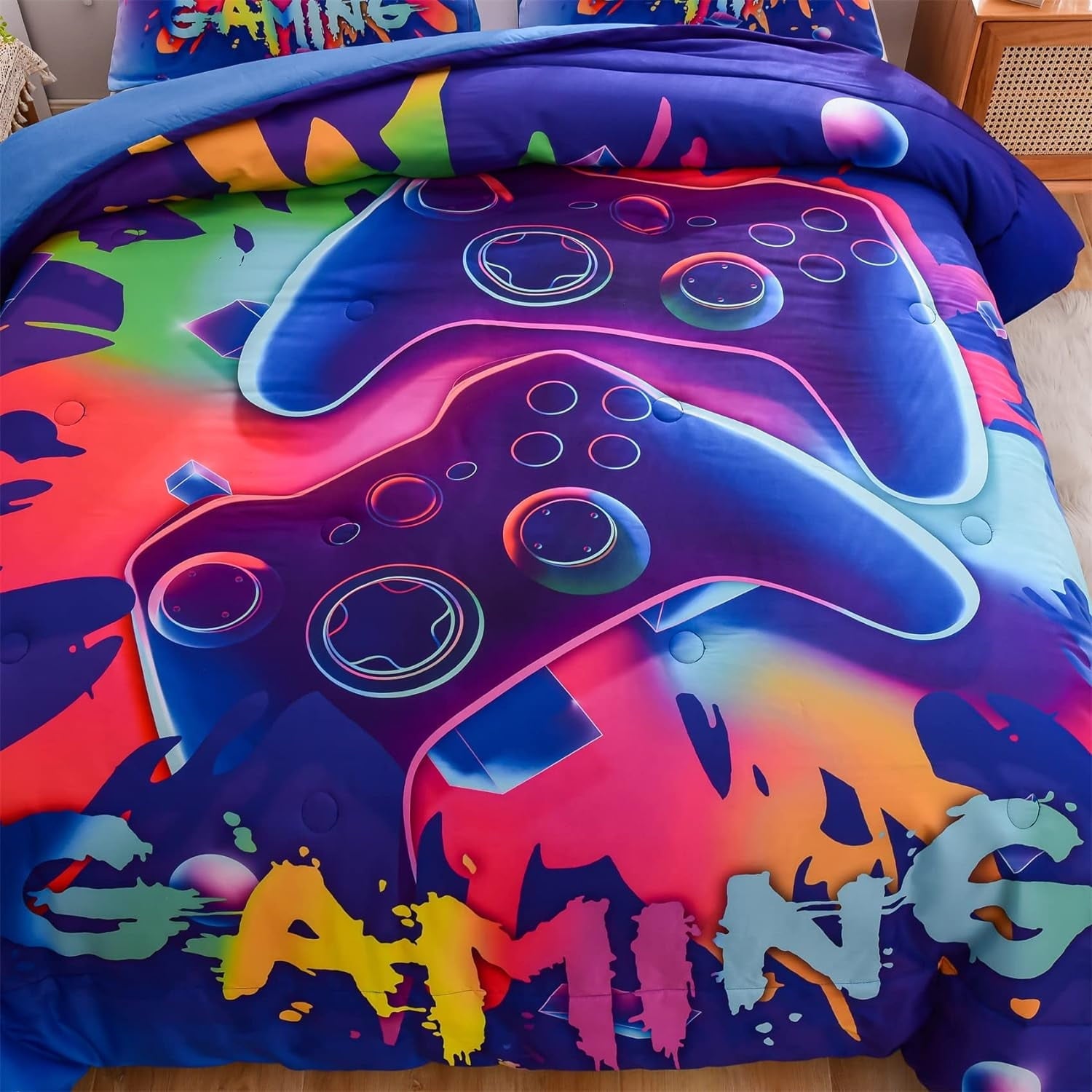 All-Season Purple Queen Gaming Comforter Sets for Boys Kids Bedding Sets Colorful Games Console Gamer Quilt Set - Cloud-Like Soft Lightweight Bed Comforter Detail