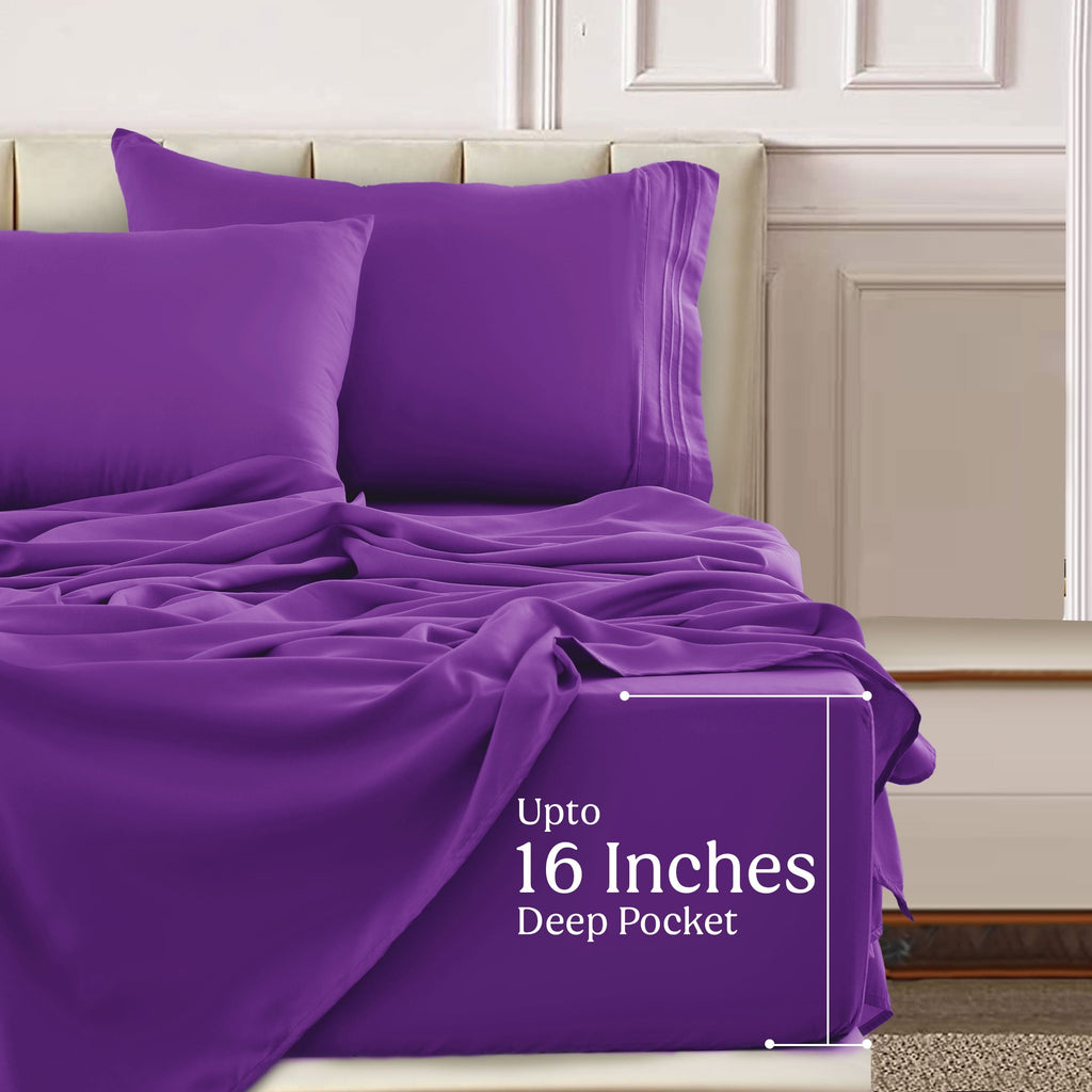 Premium Egyptian Cotton King Bed Sheets - 16 Inch Deep Pocket 6 Piece Microfiber Bedding Sheets & Pillowcase Sets - Purple - Breathable Egyptian Cotton Flat & Fitted Sheets Detail