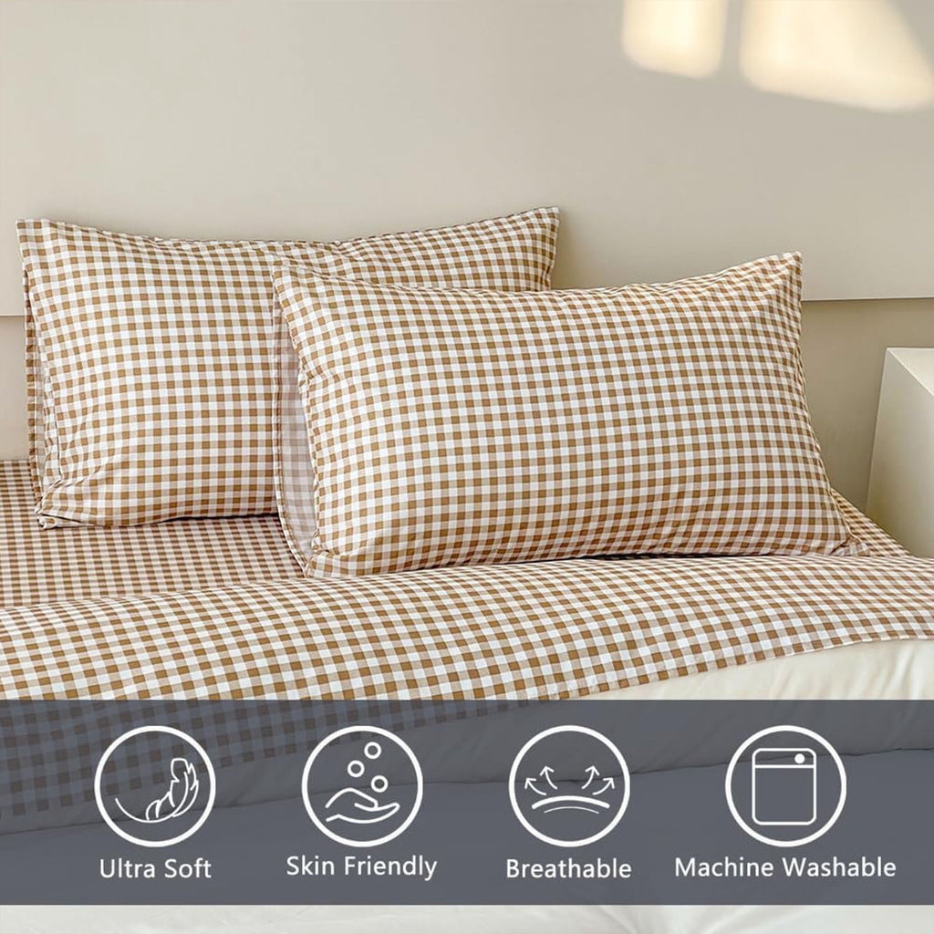 Cooling Sateen Sheet Set, Soft Brushed Microfiber Taupe Plaid Sheets, 4-Piece Brown Grid Set with Deep Pocket - Luxury Bed Sheet Set with Deep Pockets Detail