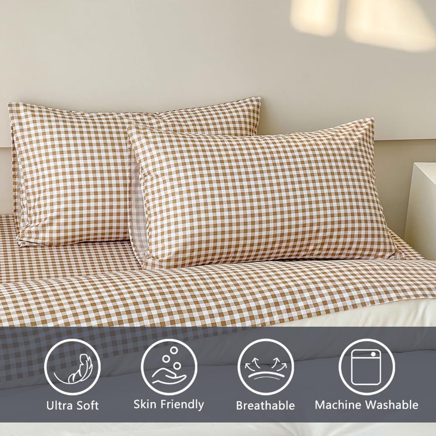 Cooling Sateen Sheet Set, Soft Brushed Microfiber Taupe Plaid Sheets, 4-Piece Brown Grid Set with Deep Pocket - Luxury Bed Sheet Set with Deep Pockets Detail