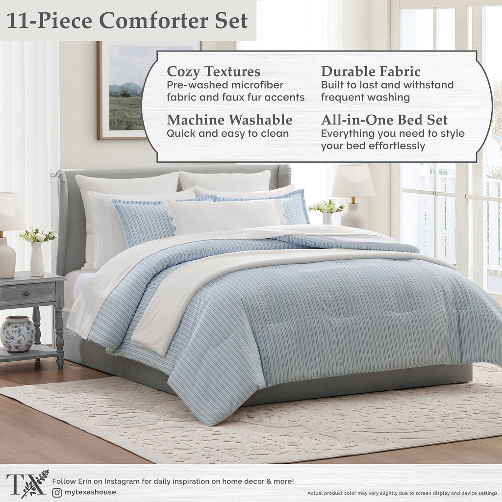Luxurious Quilted Stripe 11-Piece Comforter Set with Sheets, Blue, Queen - Luxurious Quilted Duvet Cover Set Detail