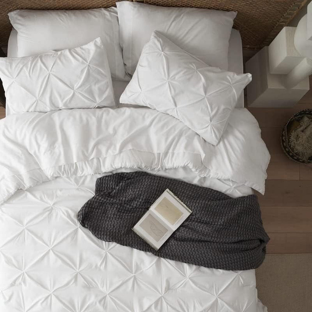 All-Season White Queen Comforter Set- 7 Pieces Pintuck Bedding Set with Comforters, Sheets, Pillowcases & Shams - Luxurious Quilted Duvet Cover Set Detail