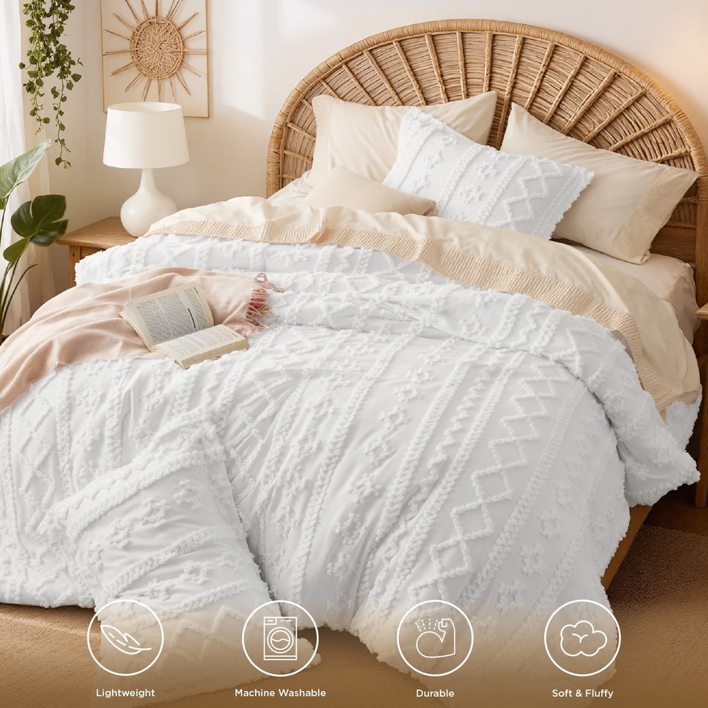 Hypoallergenic Cloud Tufted Boho Comforter Set, 2 Pieces Farmhouse Shabby Chic Embroidery Bed Set, Soft Jacquard Comforter for All Seasons... - Luxurious Quilted Duvet Cover Set Detail