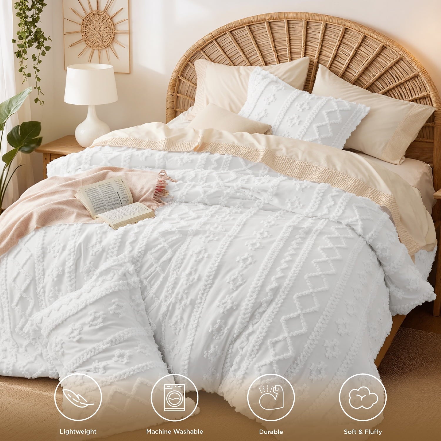 Hypoallergenic Cloud Tufted Boho Comforter Set, 2 Pieces Farmhouse Shabby Chic Embroidery Bed Set, Soft Jacquard Comforter for All Seasons... - Luxurious Quilted Duvet Cover Set Detail