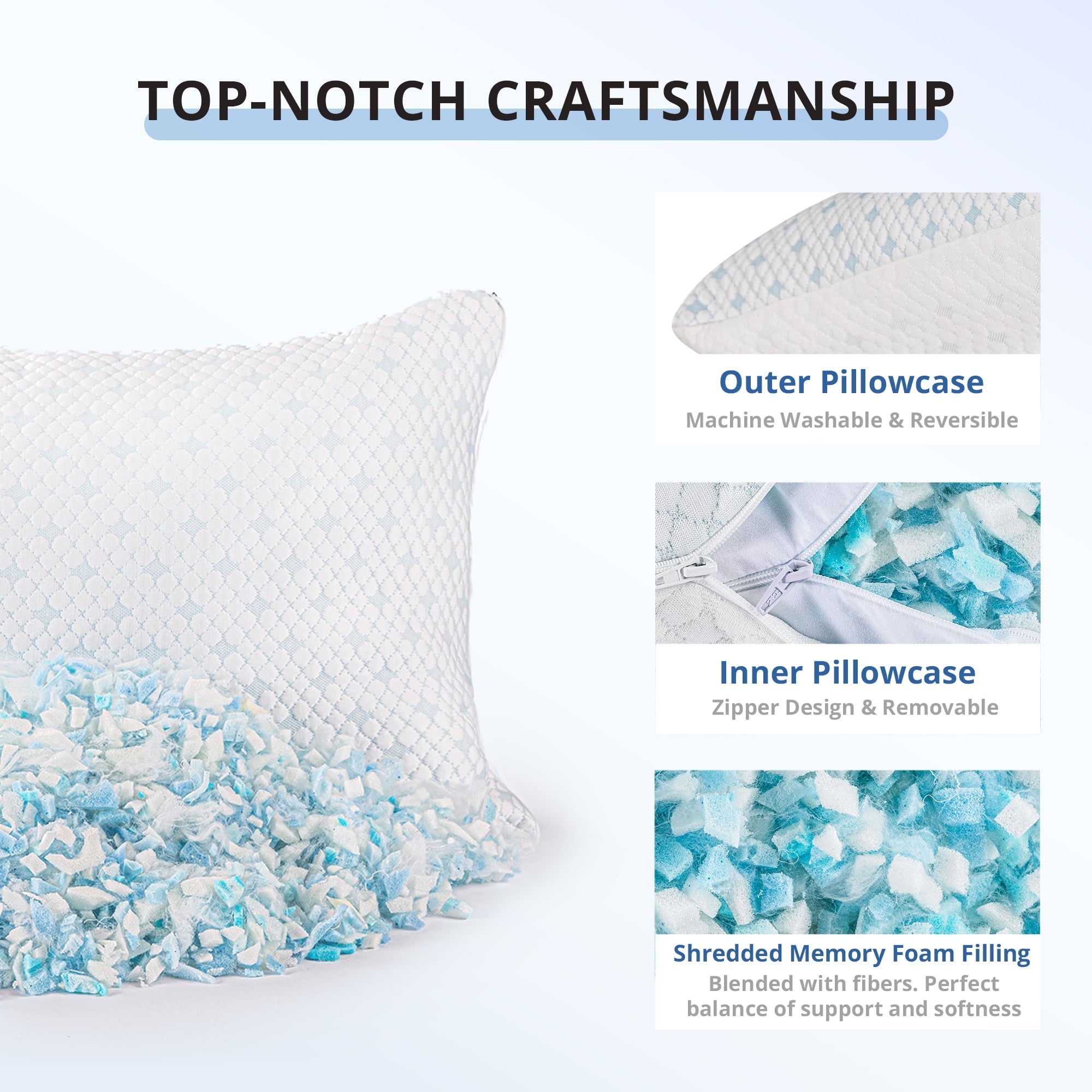 Decorative Plump 2-Pack Adjustable Cooling Bed Pillows, Shredded Memory Foam Pillows Set of 2, Standard Queen, Dual Sides - Hotel Quality Plush Sleeping Pillows Detail