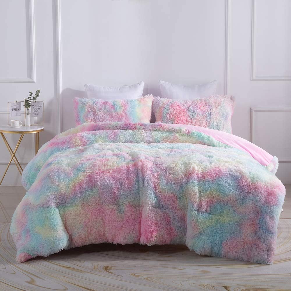 Luxurious Quilted Plush Shaggy Comforter Set Fluffy Fuzzy Faux Fur Bedding Set - Microfiber Soft Warm Quilt Set(Rainbow Pink,Queen Size) - All-Season Down Alternative Comforter Insert Detail