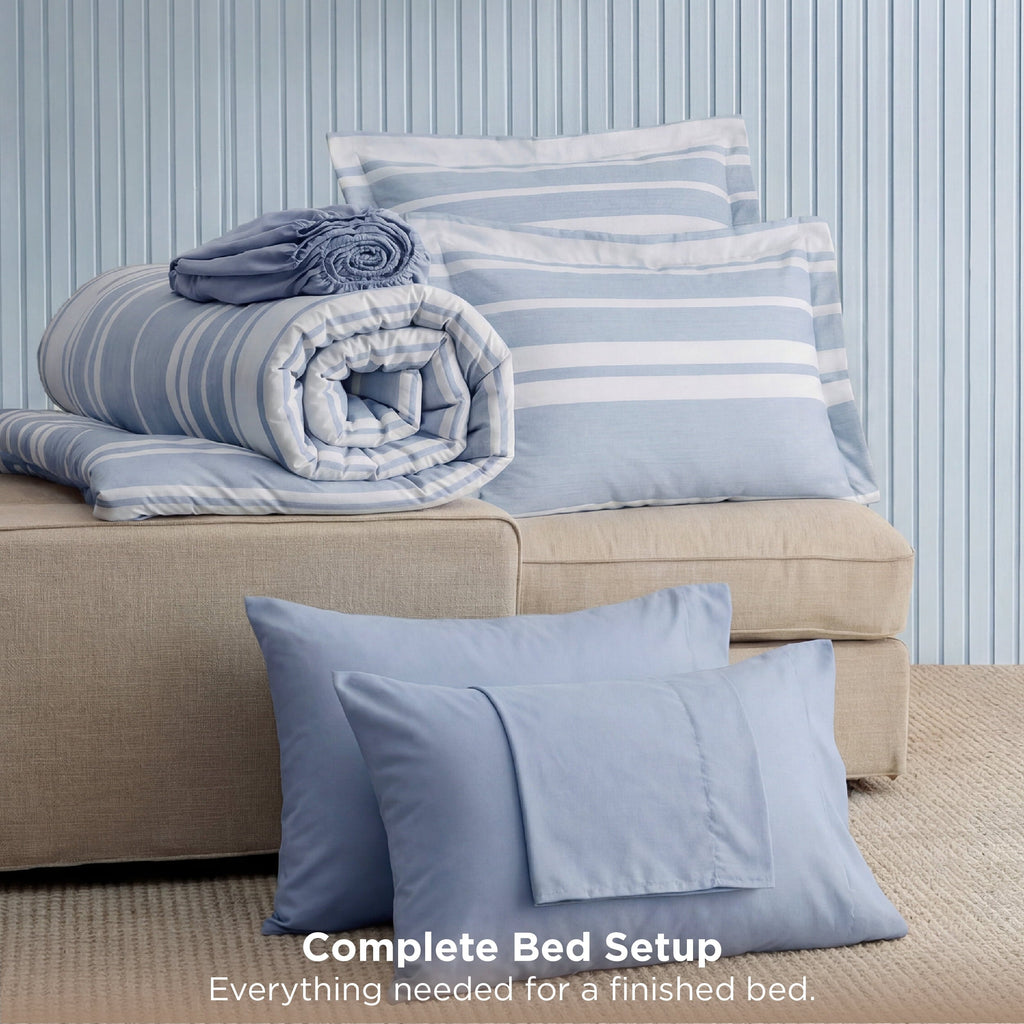 Heavyweight Warmth Queen Comforter Set Blue, Bed in a Bag Queen Size Bedding 7-Pieces, Striped Bedding Set for All Seasons - Cloud-Like Soft Lightweight Bed Comforter Detail
