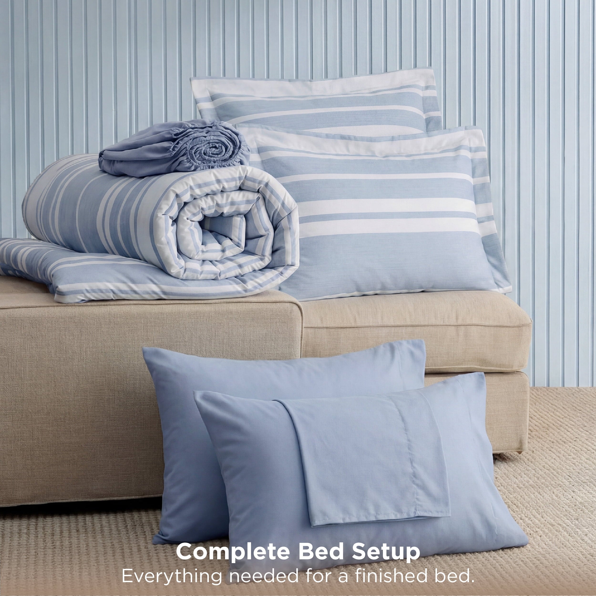 Heavyweight Warmth Queen Comforter Set Blue, Bed in a Bag Queen Size Bedding 7-Pieces, Striped Bedding Set for All Seasons - Cloud-Like Soft Lightweight Bed Comforter Detail