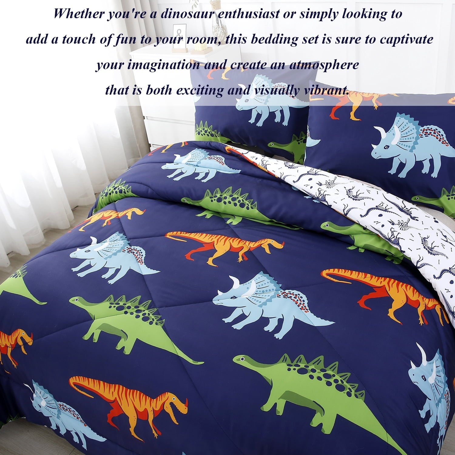 Luxurious Quilted 3 Pcs Dinosaur Twin Size Bedding Sets for Boys, Dinosaur Printing Boys Comforter Set, Blue and White Reversible Bed C... - Cloud-Like Soft Lightweight Bed Comforter Detail