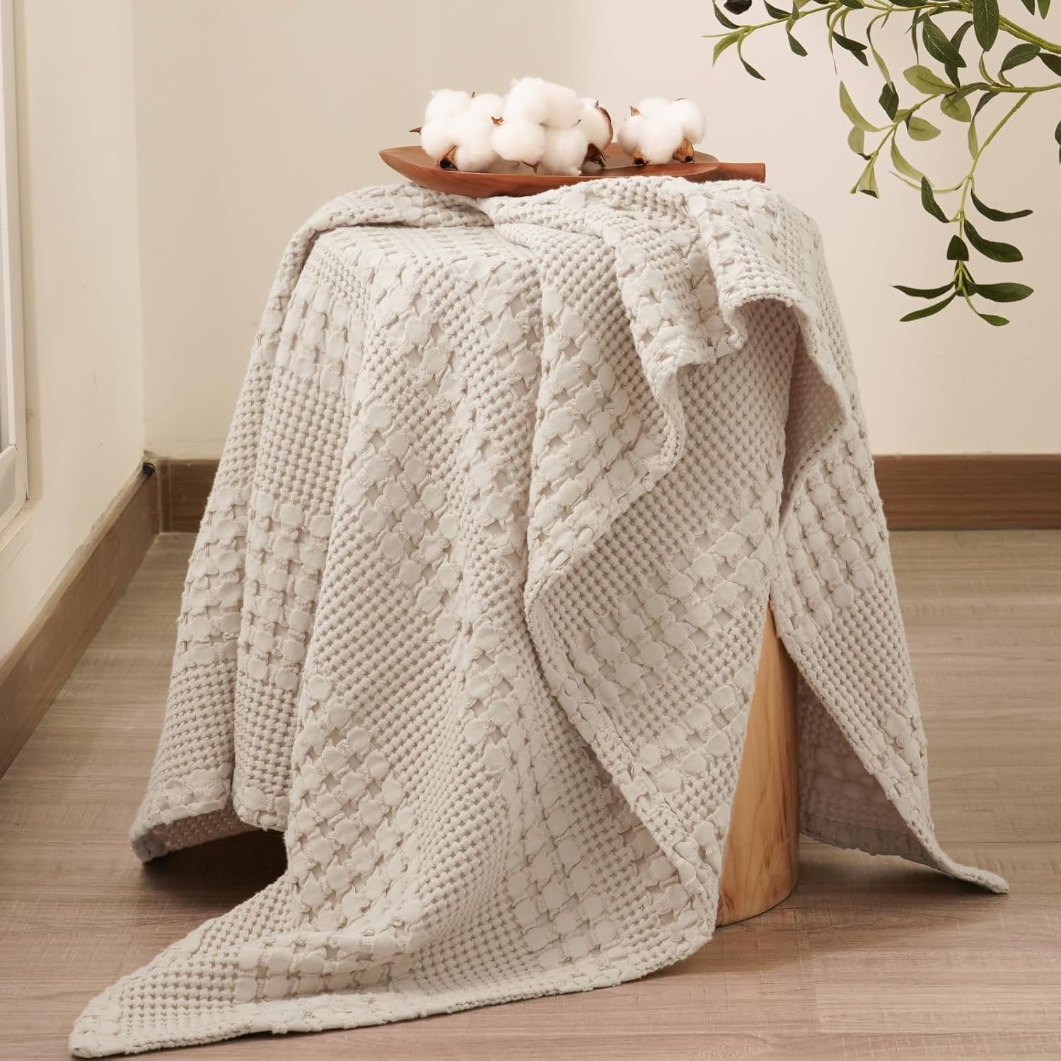 Reversible Sherpa 100% Cotton Waffle Weave Blanket, Lightweight Throw Washed Blanket for Bed Sofa Home Decor, Oatmeal, 50"x60" - Lightweight Plush Warm Blanket for All Seasons Detail