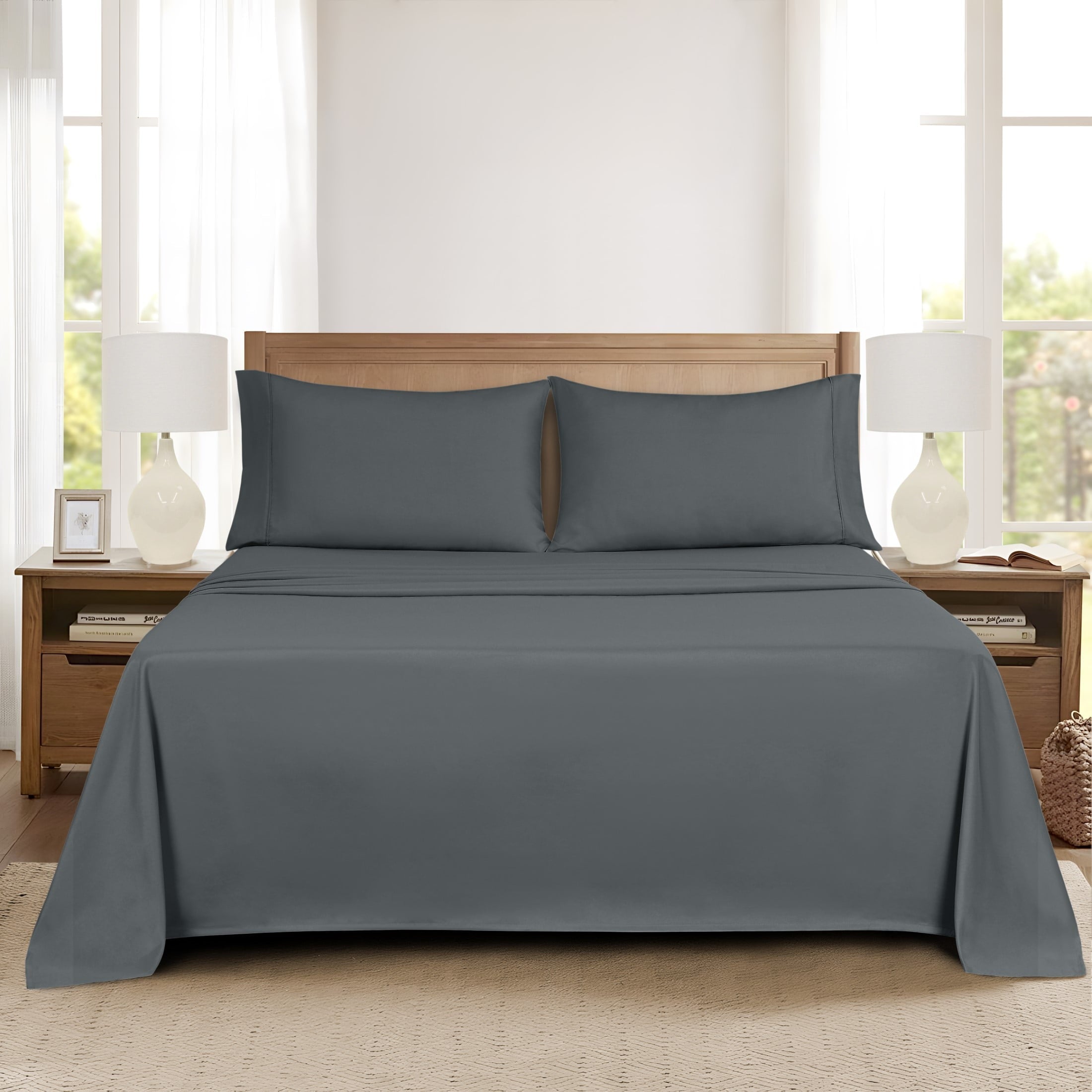 Cooling Sateen Super Soft Brushed Microfiber Bed Sheet Set, Soothing Gray, Queen, 4 Piece - Cooling Hotel Quality Bedding Sheets and Pillowcases Detail