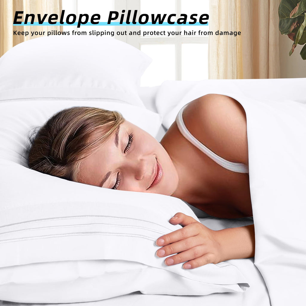 Premium Egyptian Cotton Bed Sheets Set, Microfiber Deep Pocket 4 Pieces Luxury Soft Sheet Set, Queen, White - Premium Ultra-Soft Pillowcase Pair for Sleeping Detail
