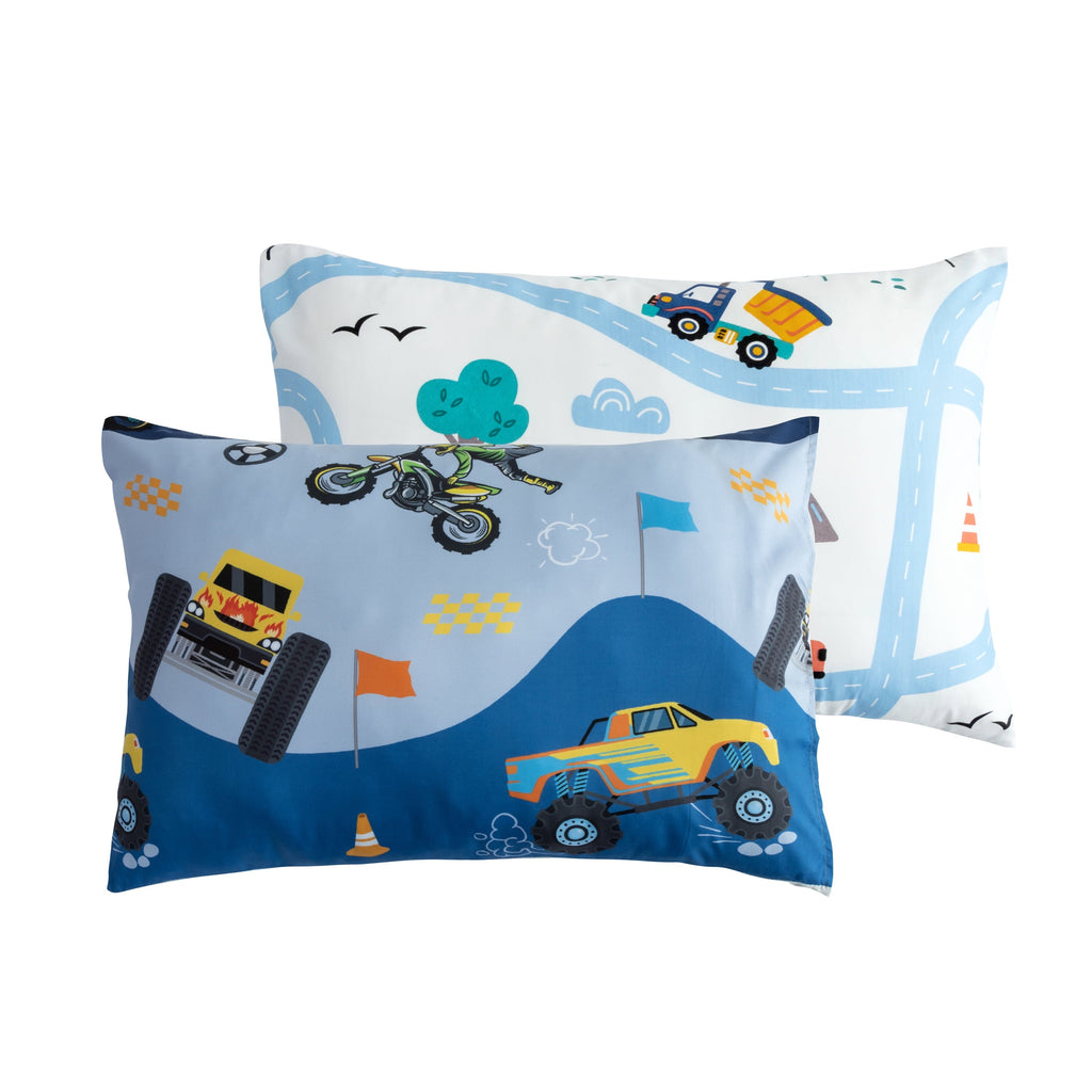 All-Season 3Pcs Reversible Construction Truck Twin Comforter Set for Boys Kids Excavator Vehicle Motorcycle Bedding Set Blue - All-Season Down Alternative Comforter Insert Detail