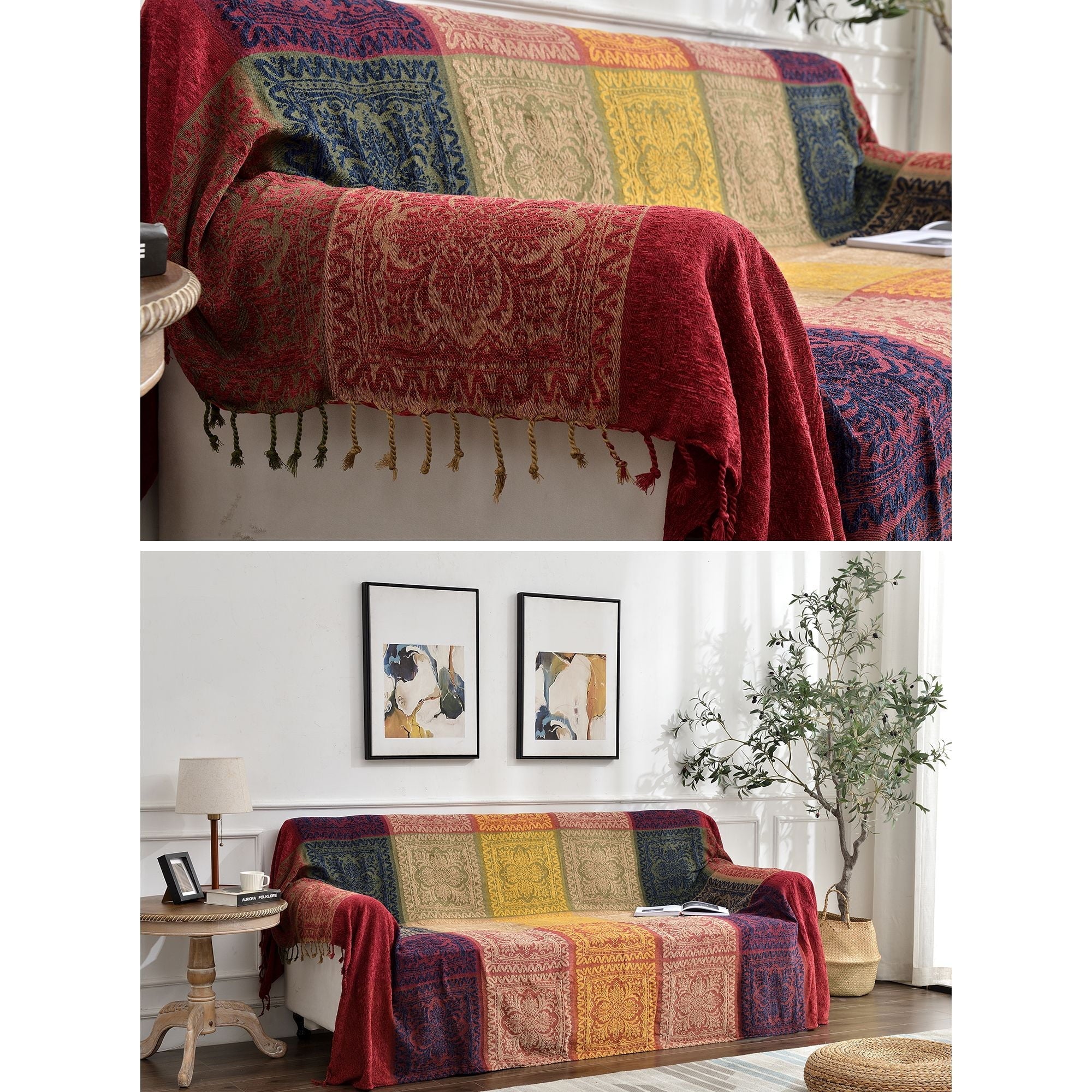 Reversible Sherpa 75x60 Inch Machine Wash Boho Tribal Throws Blankets Colorful Bohemian Hippie Chenille Throw Covers Couch Furniture So... - Luxury Knitted Decorative Throw Blanket with Fringes Detail