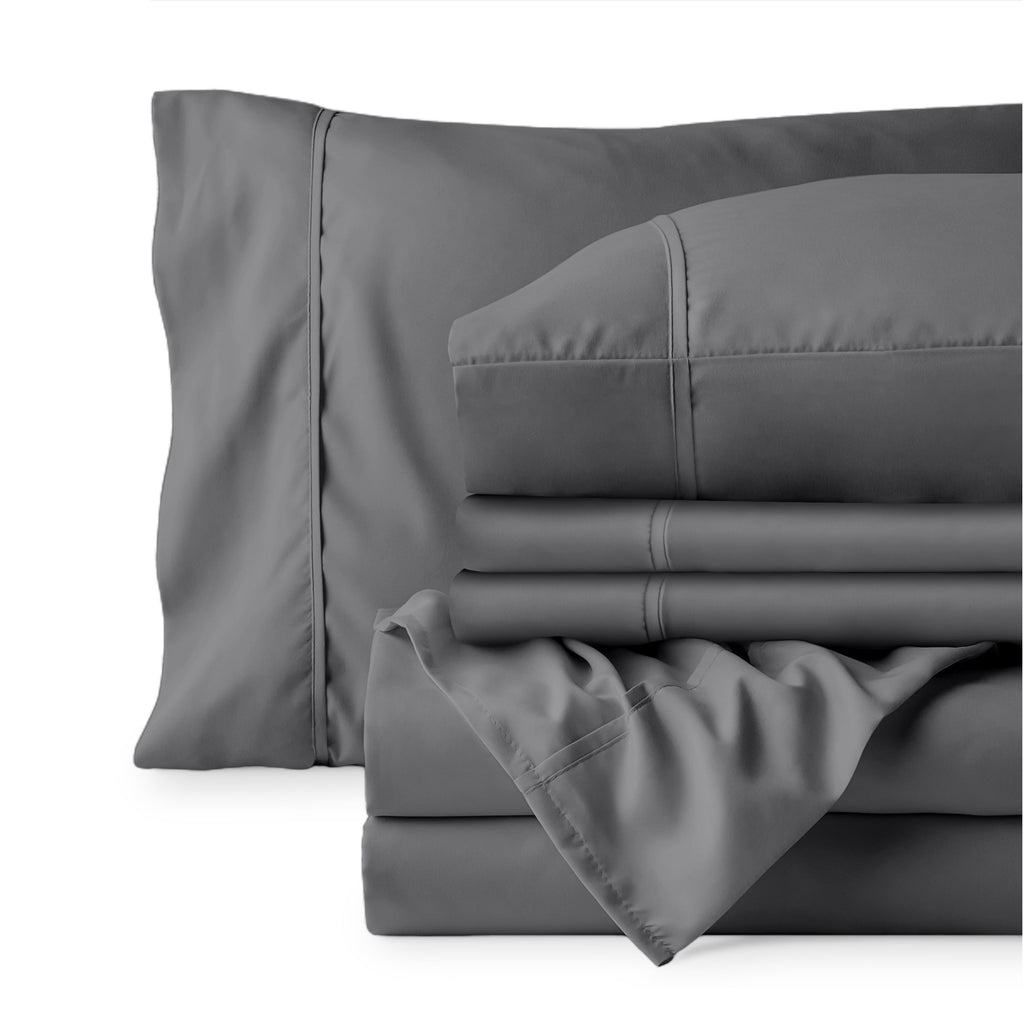 Cooling Sateen Luxury Bed Sheet Set- 6 Piece - Queen, Gray - Premium Ultra-Soft Pillowcase Pair for Sleeping Detail