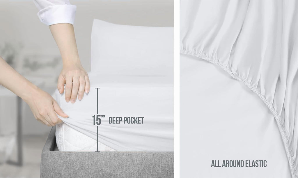 Breathable Luxury Set, Soft Microfiber 4 Piece Hotel Luxury Bed s with Deep Pockets, Embroidered Pillow Cases, Side Storage Pocket Fitt... - Luxury Bed Sheet Set with Deep Pockets Detail