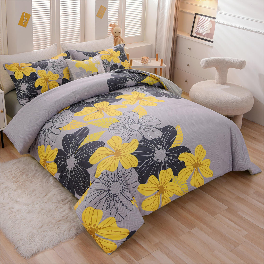 Heavyweight Warmth Yellow Floral Comforter Set Queen Flower Bed Set Adult Soft Botanical Boho Bedding Set - Cloud-Like Soft Lightweight Bed Comforter Detail