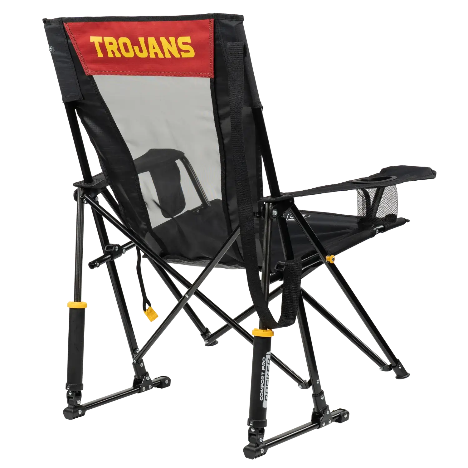 Patented Spring-Action College Comfort Pro Rocker - USC Trojans - Choice 856 - Heavy-Duty Kickback Rocker with Beverage Holder Detail