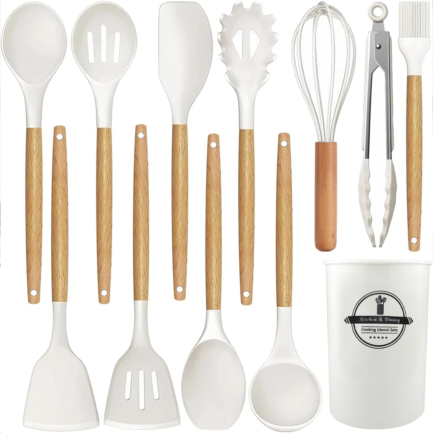 Ergonomic Cooking Cooking Utensils Set, 12 packs Non-Stick Silicone Cooking Kitchen Utensils Spatula Set with Wooden Handles and... - Premium Stainless Steel Cooking Utensil for Non-Stick Pots - Default Title