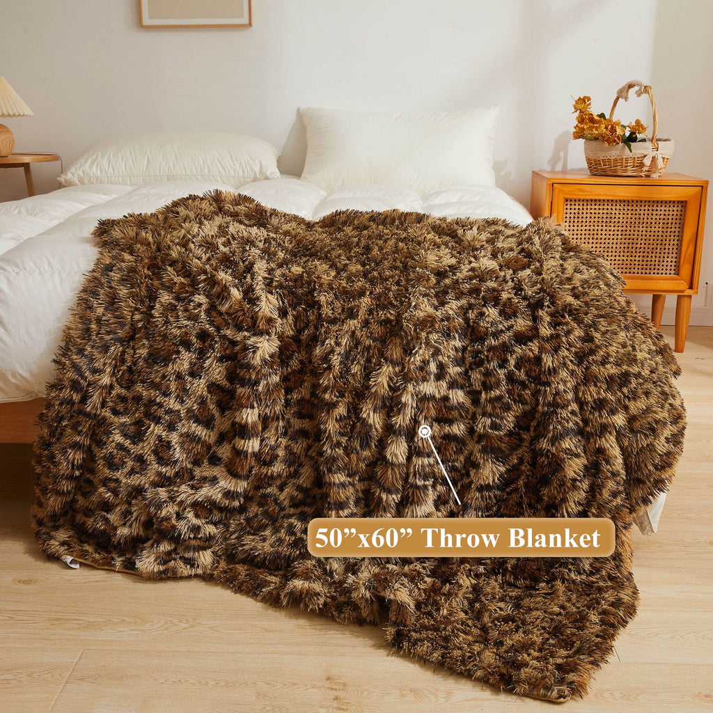 Decorative Knitted Luxury Faux Fur Leopard Print Throw, Soft 50x60 Cheetah Print Fluffy Blanket, Shaggy Plush Decorative Couch Throw, Cu... - Cozy Fleece Throw Blanket for Couch & Bed Detail